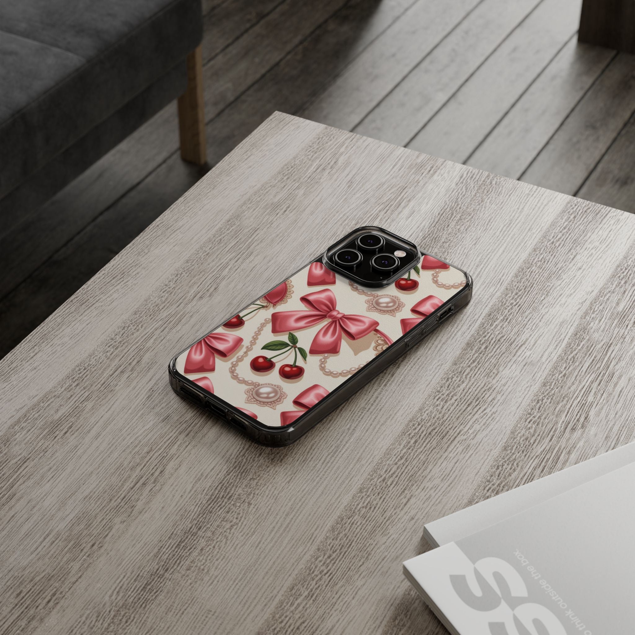 Phone Cases - Coquette Aesthetic Pattern with Pink Satin Bows, Pearls, and Cherries