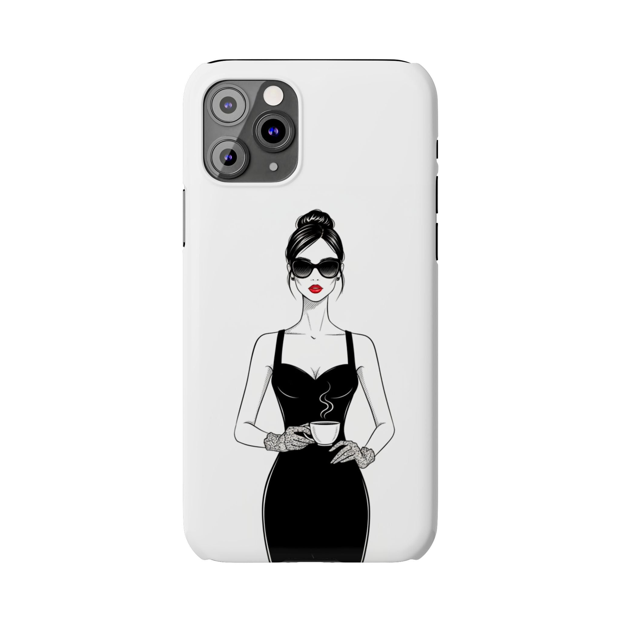 Chic High-Fashion Slim Phone Case — Black Dress Illustration with Red Lip Accent