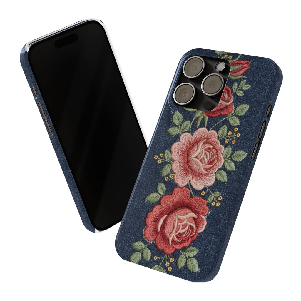 Denim Floral Embroidered Slim Phone Case — Stitched Roses & Vines