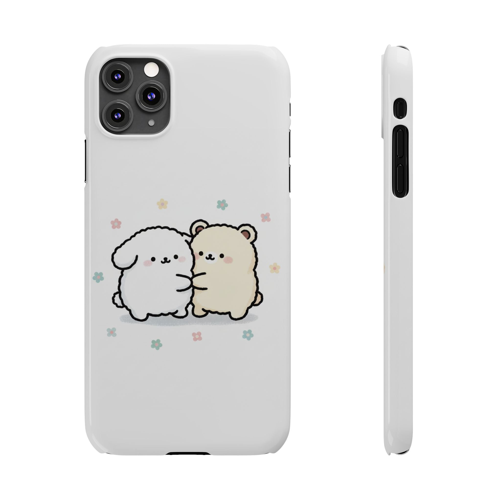 Kawaii Puppy & Bear Hug Slim Phone Case — Pastel Floral Cute Cozy Design