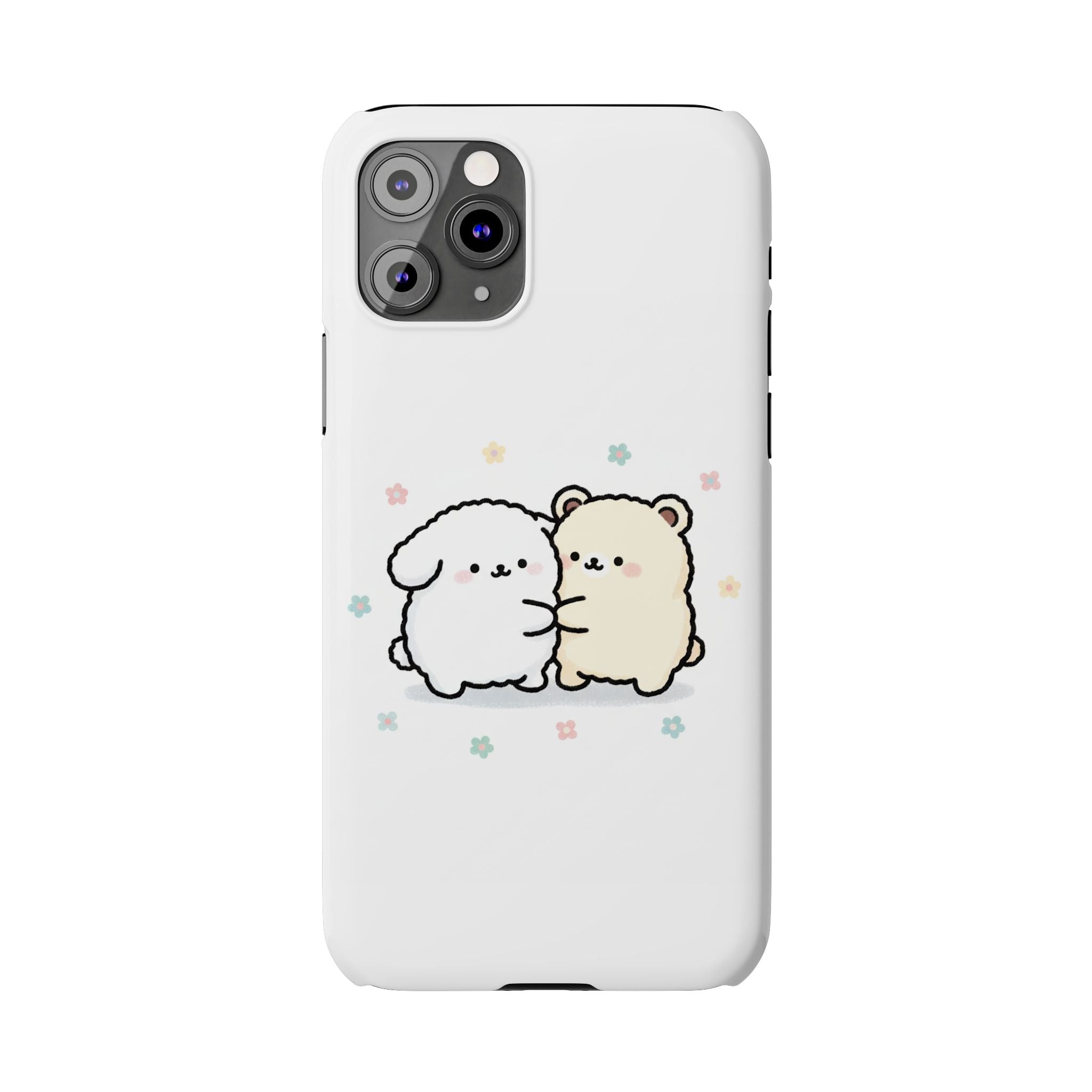 Kawaii Puppy & Bear Hug Slim Phone Case — Pastel Floral Cute Cozy Design
