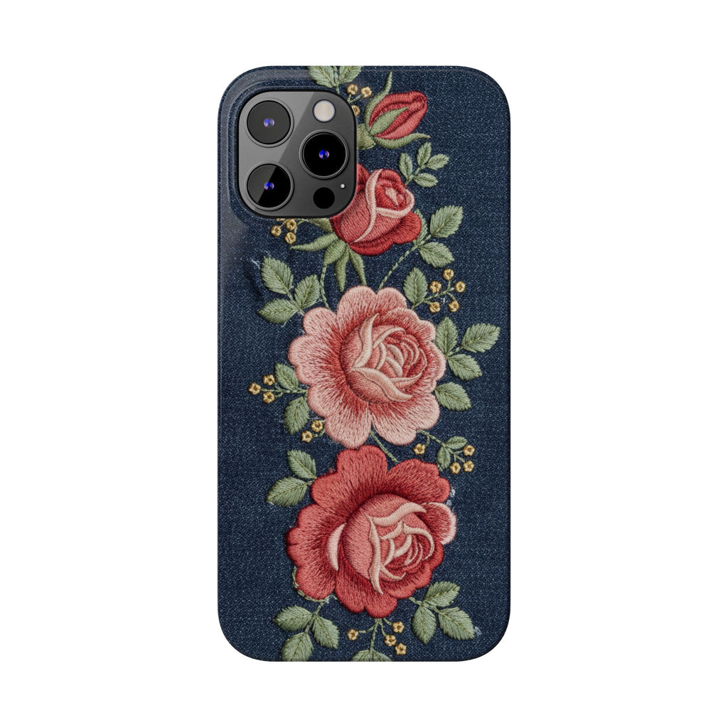 Denim Floral Embroidered Slim Phone Case — Stitched Roses & Vines