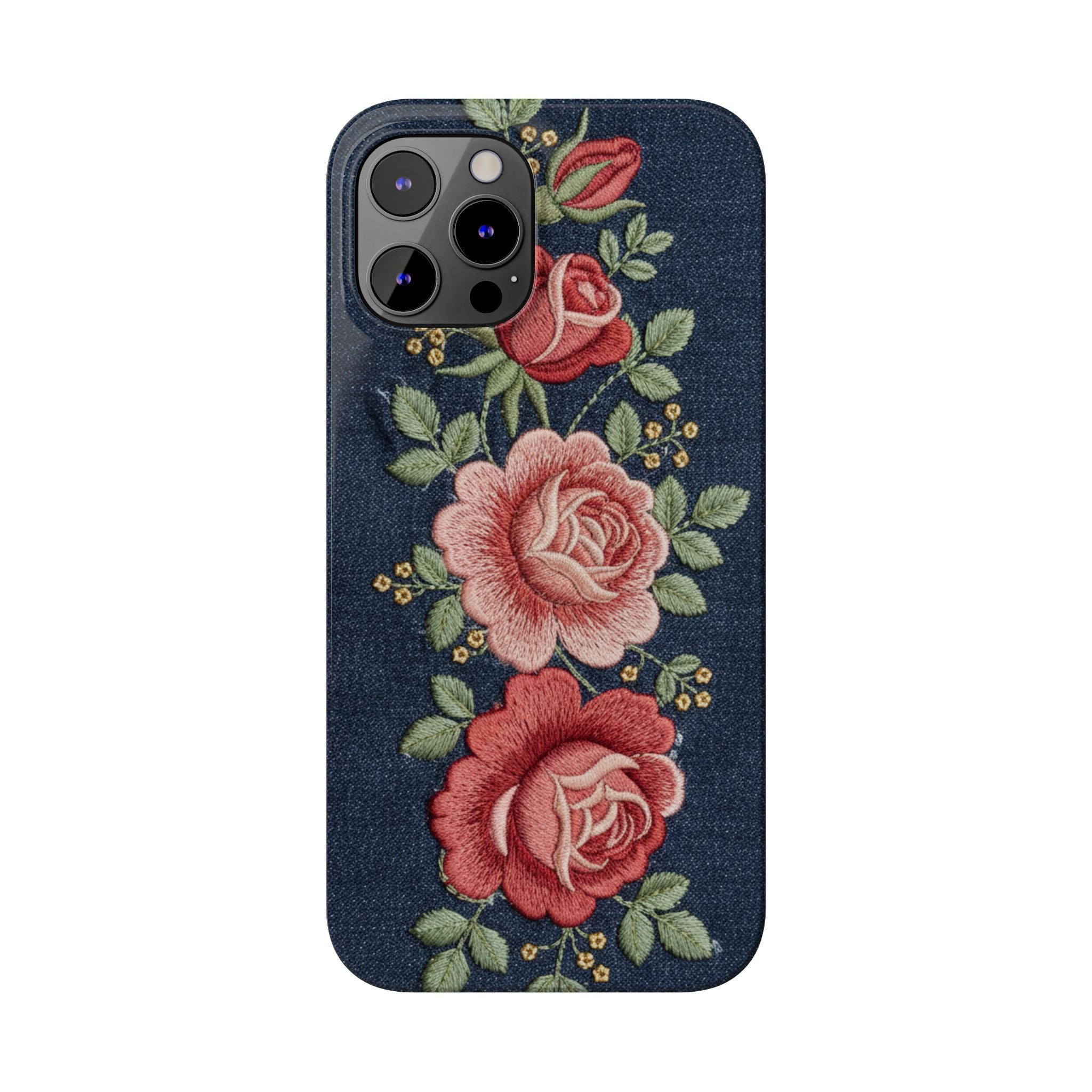 Denim Floral Embroidered Slim Phone Case — Stitched Roses & Vines