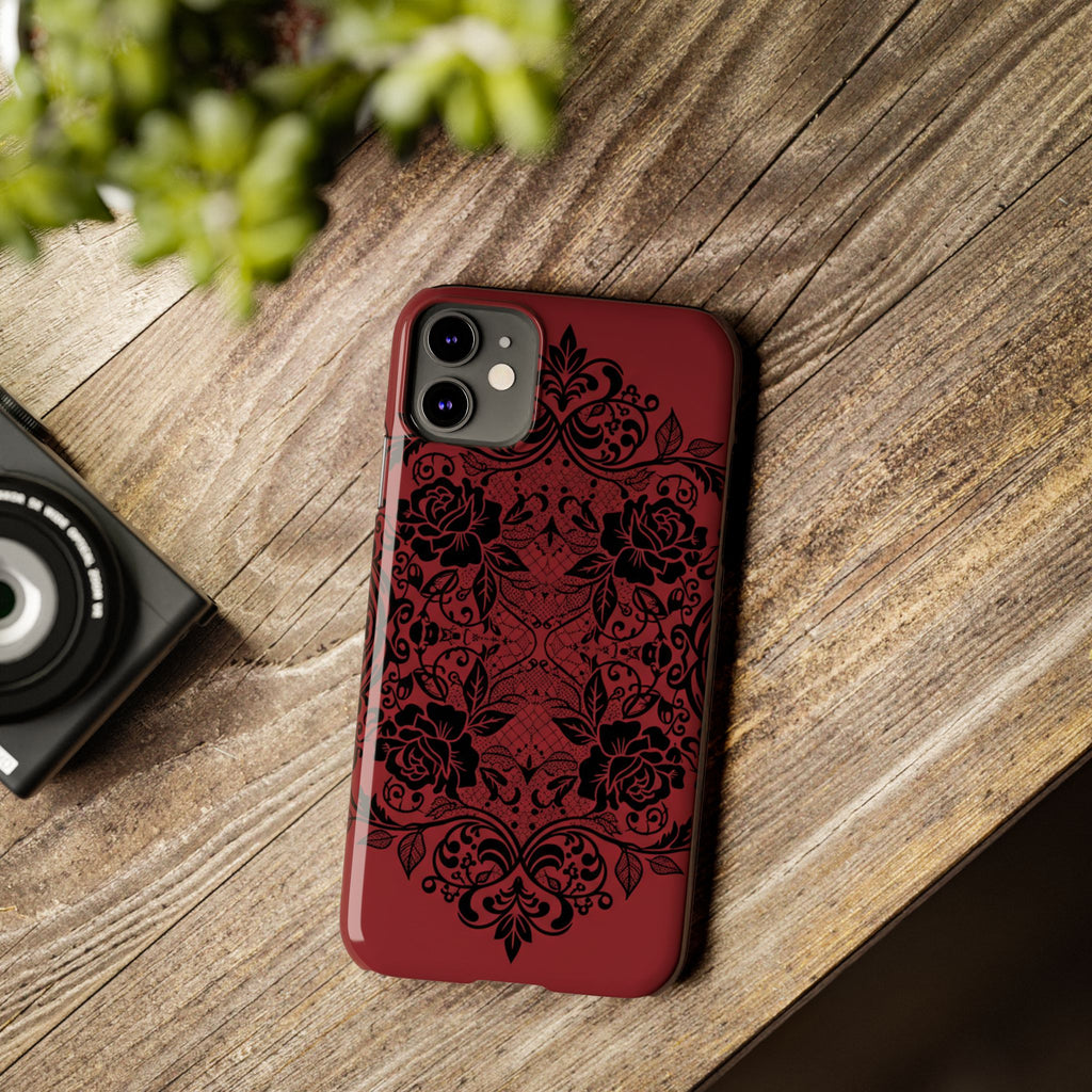 Gothic Lace Phone Case — Intricate Black Lace Over Deep Blood Red