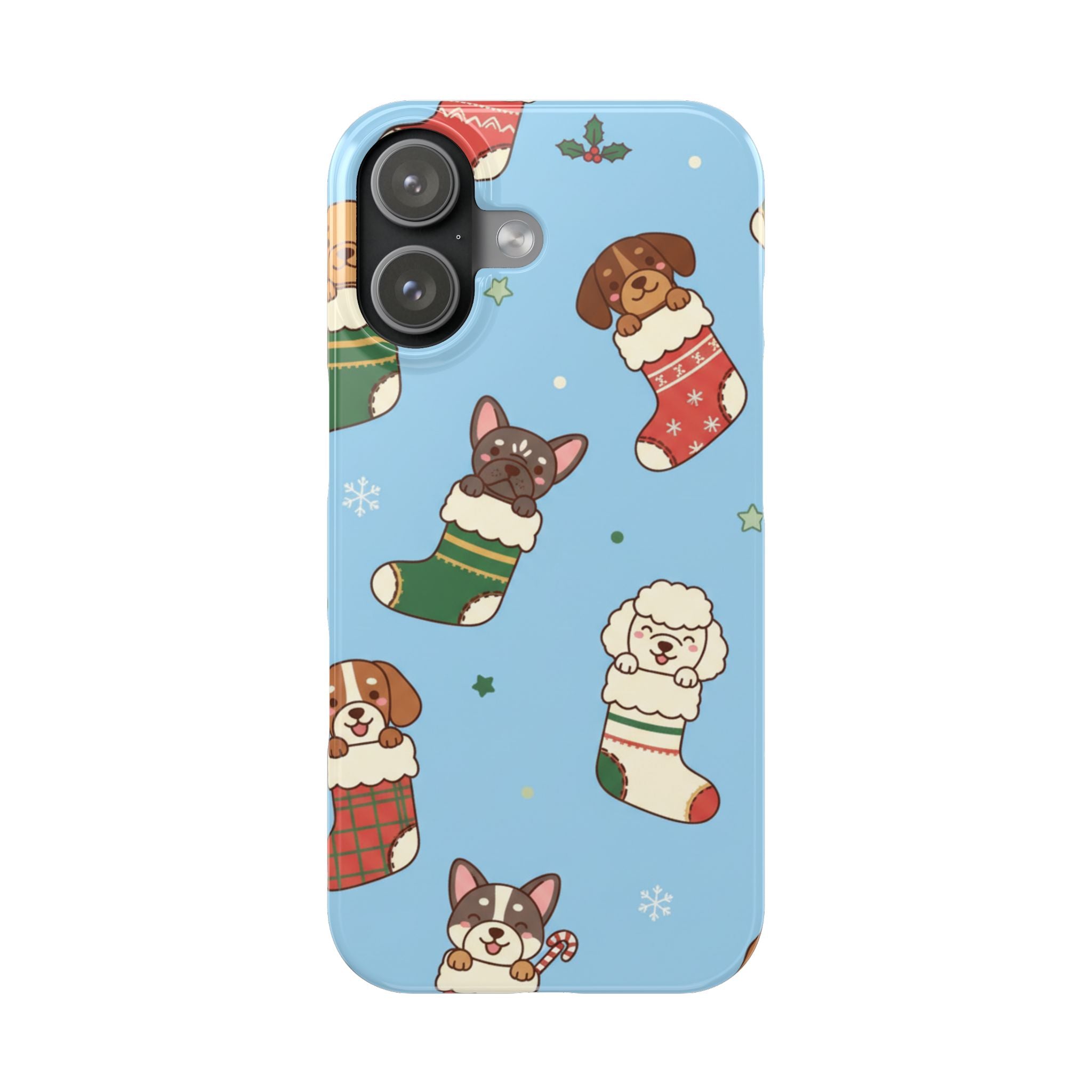 Dog Breeds Christmas Stocking Phone Case — Cute Puppy Pattern on Light Blue