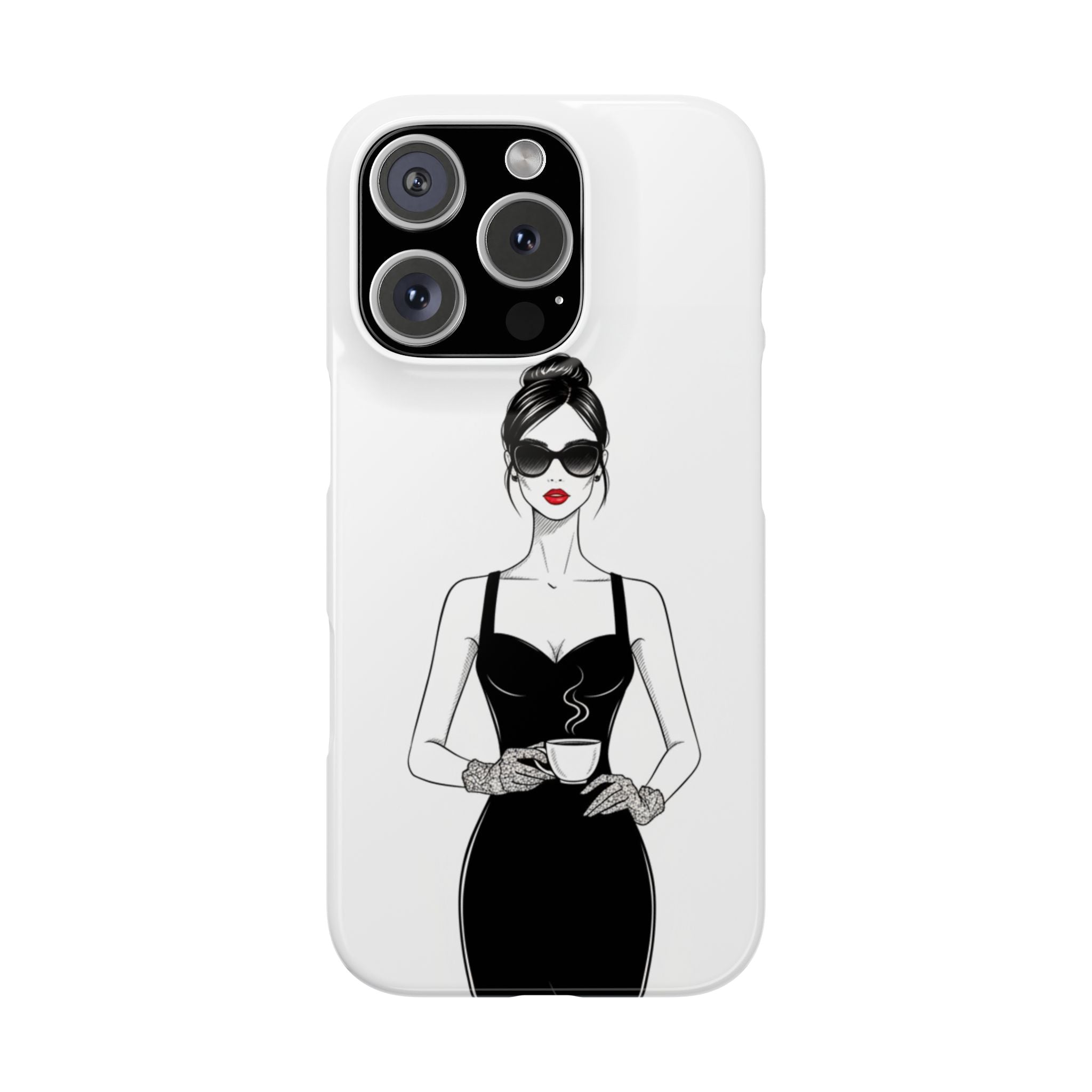 Chic High-Fashion Slim Phone Case — Black Dress Illustration with Red Lip Accent