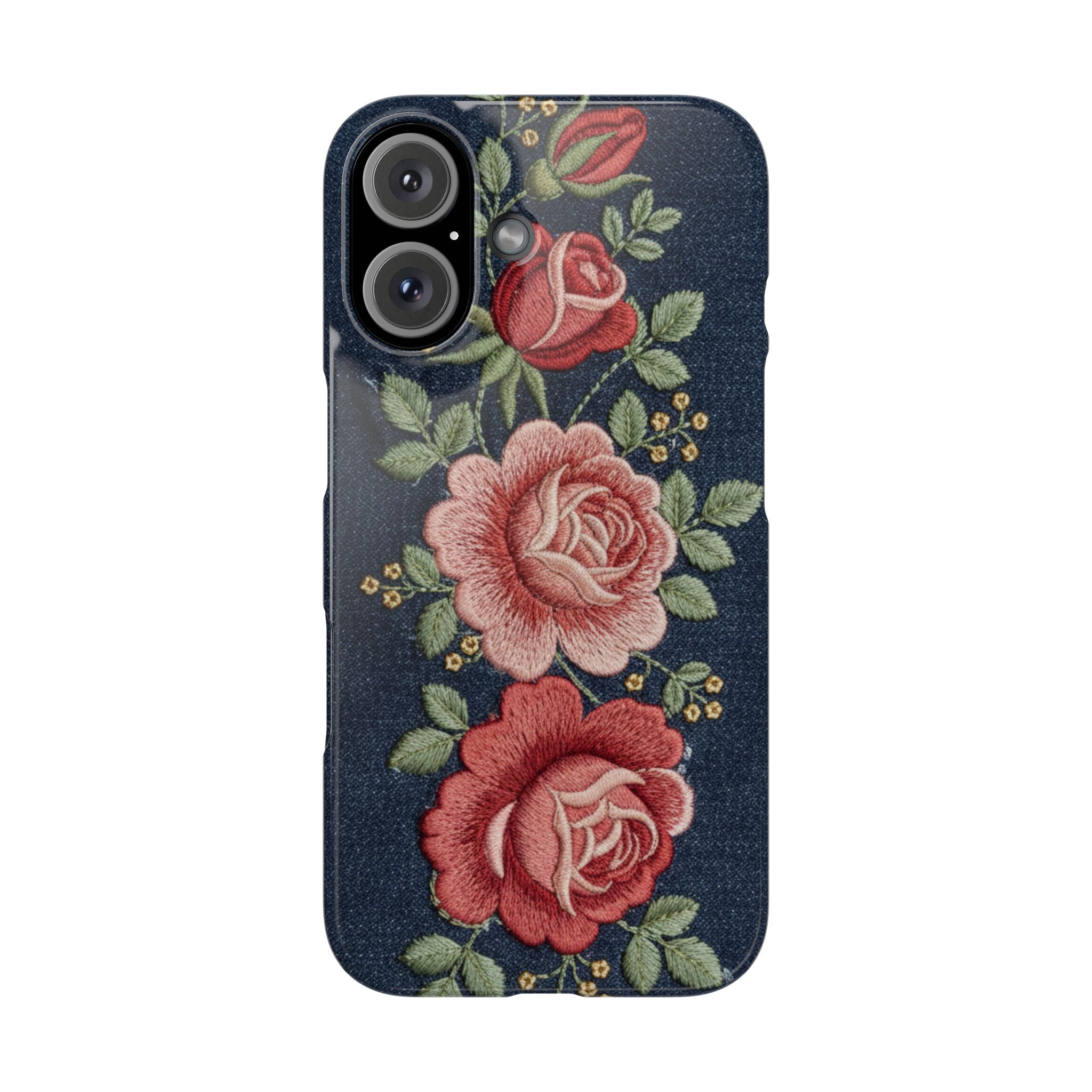 Denim Floral Embroidered Slim Phone Case — Stitched Roses & Vines