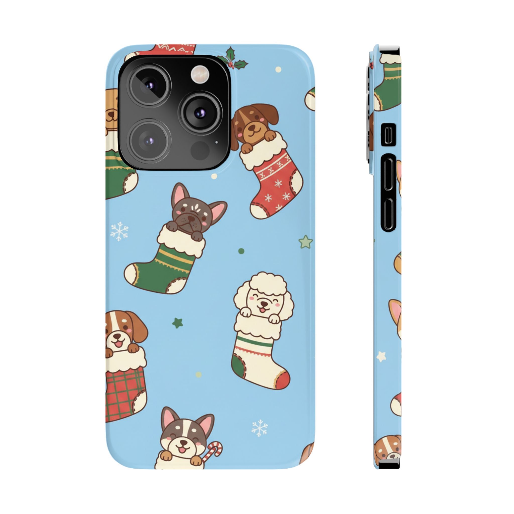 Dog Breeds Christmas Stocking Phone Case — Cute Puppy Pattern on Light Blue