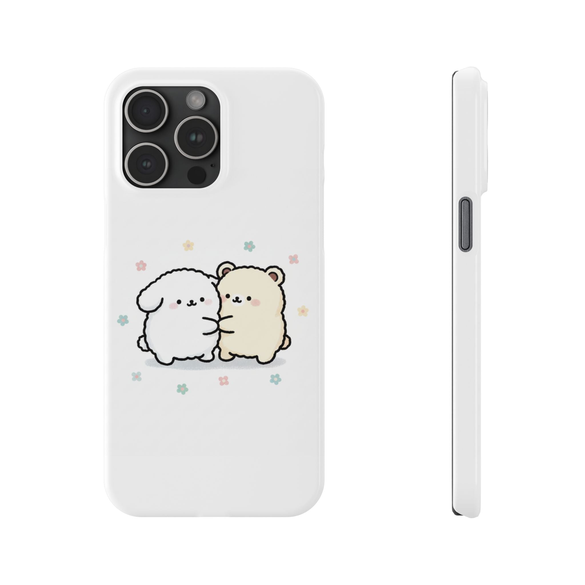 Kawaii Puppy & Bear Hug Slim Phone Case — Pastel Floral Cute Cozy Design