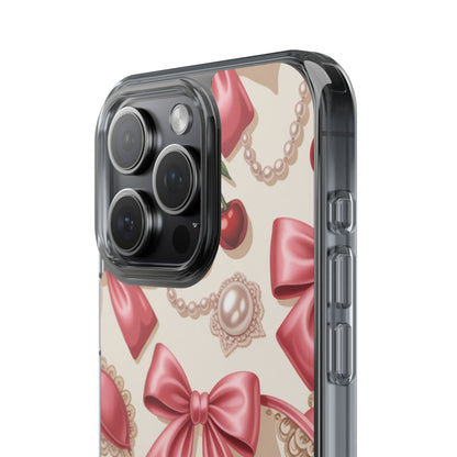 Phone Cases - Coquette Aesthetic Pattern with Pink Satin Bows, Pearls, and Cherries