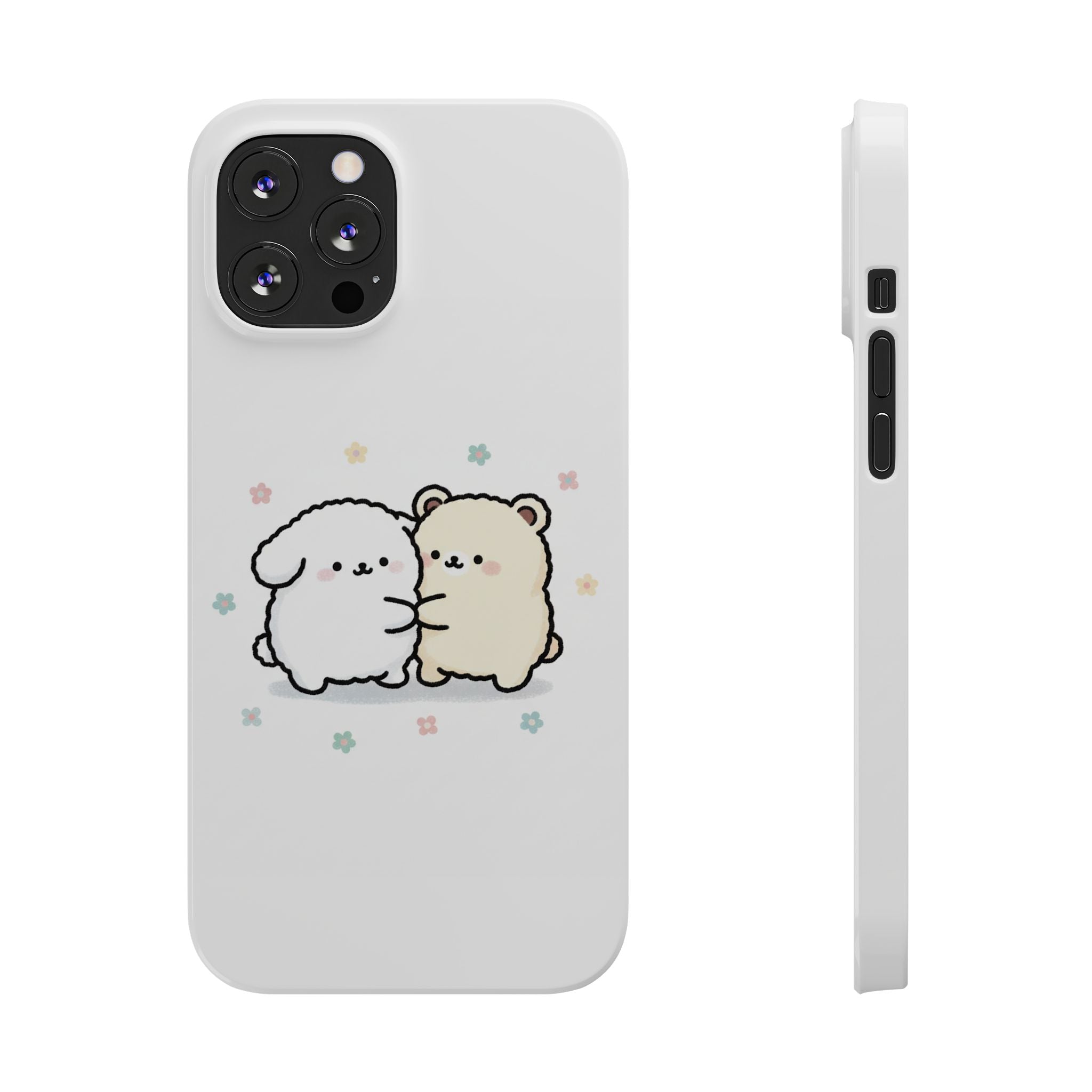 Kawaii Puppy & Bear Hug Slim Phone Case — Pastel Floral Cute Cozy Design