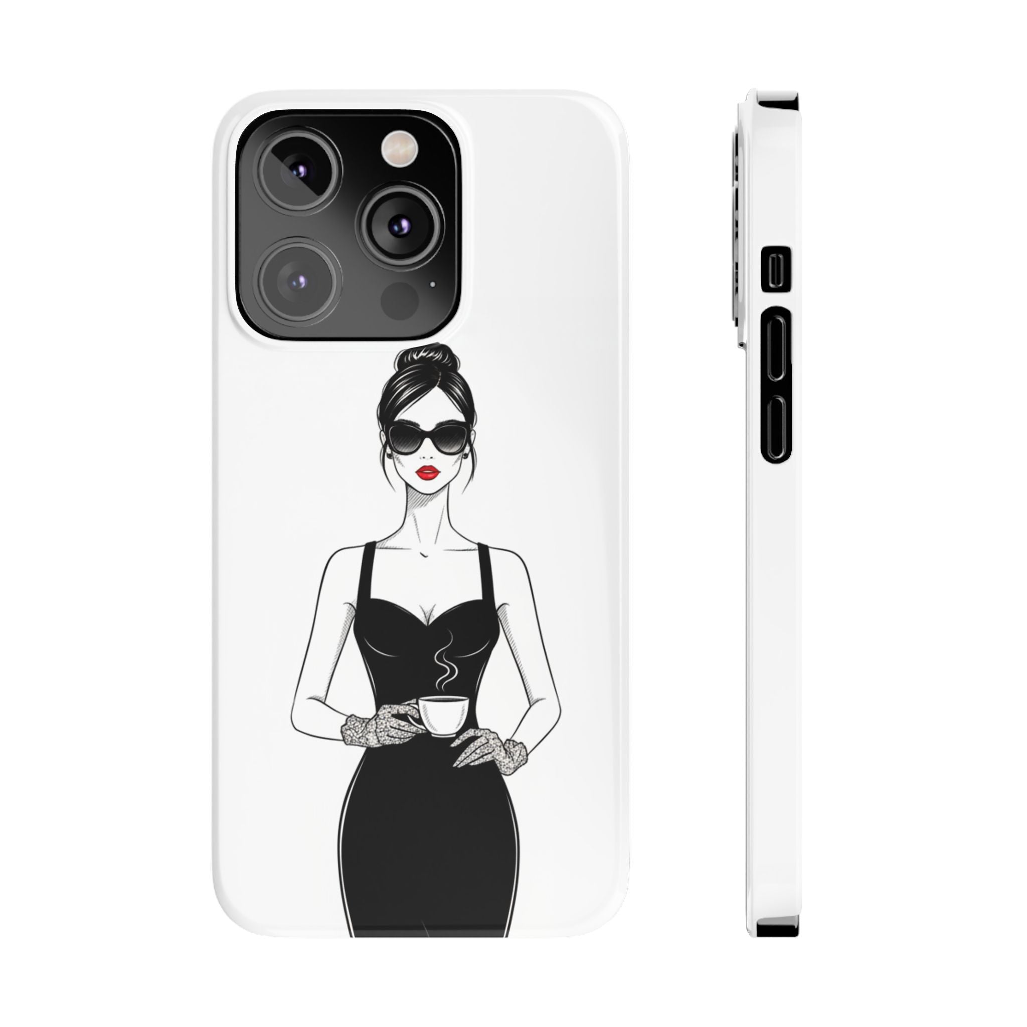 Chic High-Fashion Slim Phone Case — Black Dress Illustration with Red Lip Accent