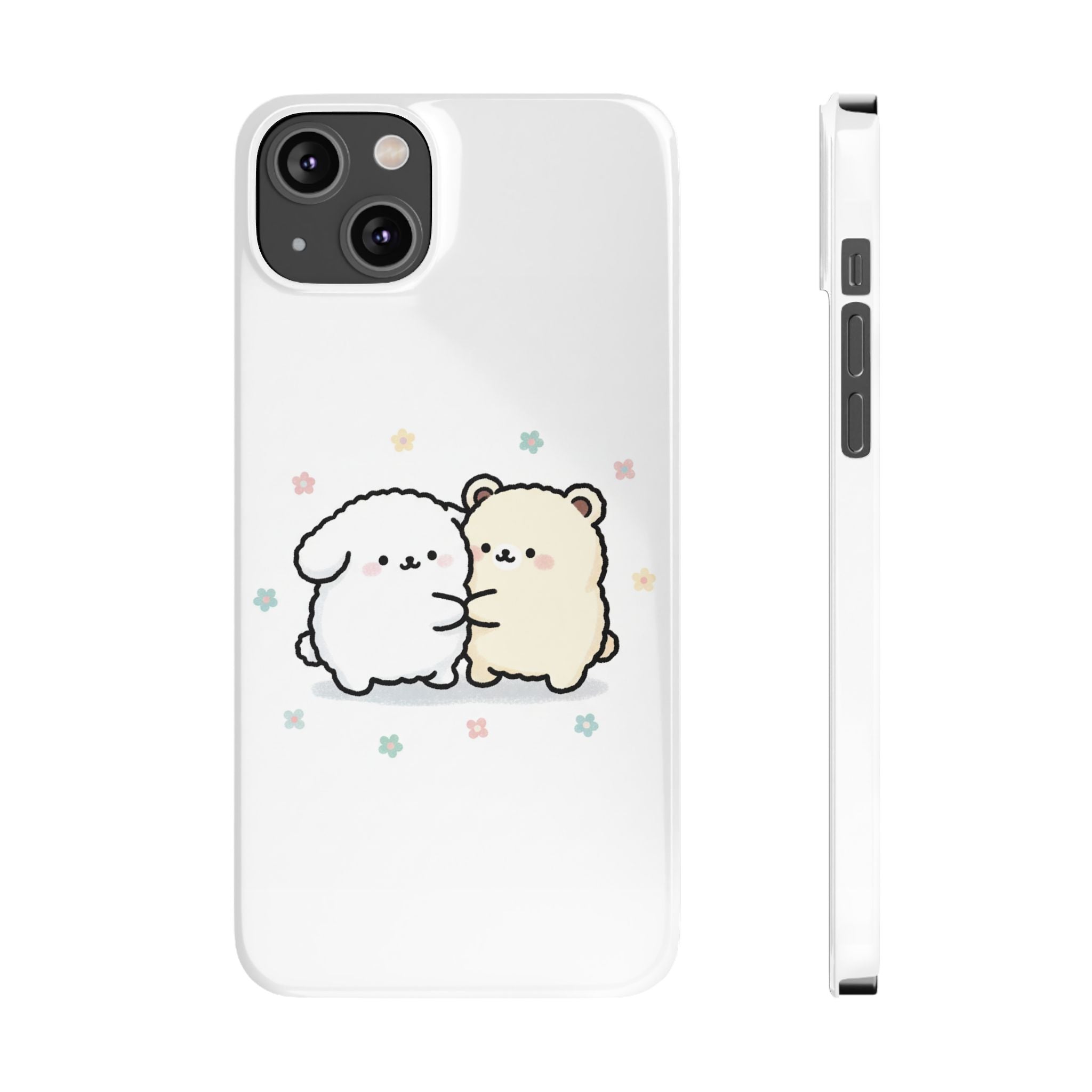 Kawaii Puppy & Bear Hug Slim Phone Case — Pastel Floral Cute Cozy Design