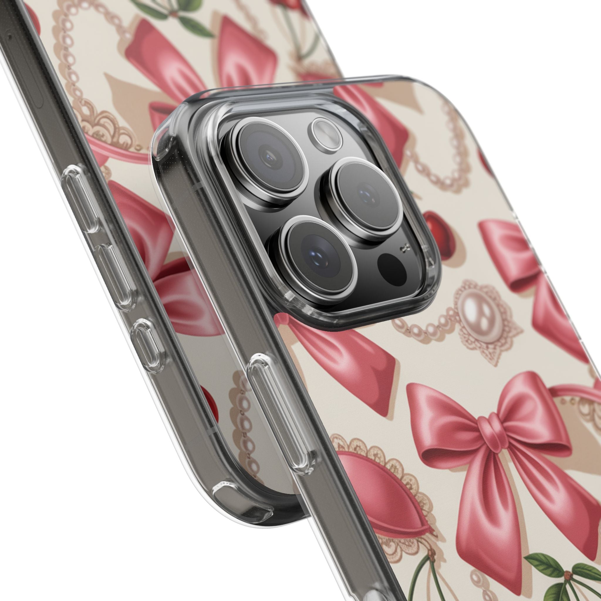 Phone Cases - Coquette Aesthetic Pattern with Pink Satin Bows, Pearls, and Cherries