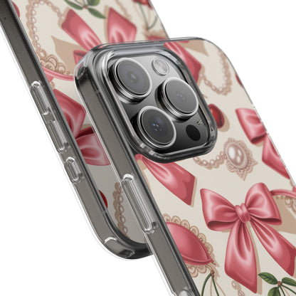 Phone Cases - Coquette Aesthetic Pattern with Pink Satin Bows, Pearls, and Cherries