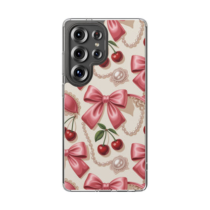 Phone Cases - Coquette Aesthetic Pattern with Pink Satin Bows, Pearls, and Cherries