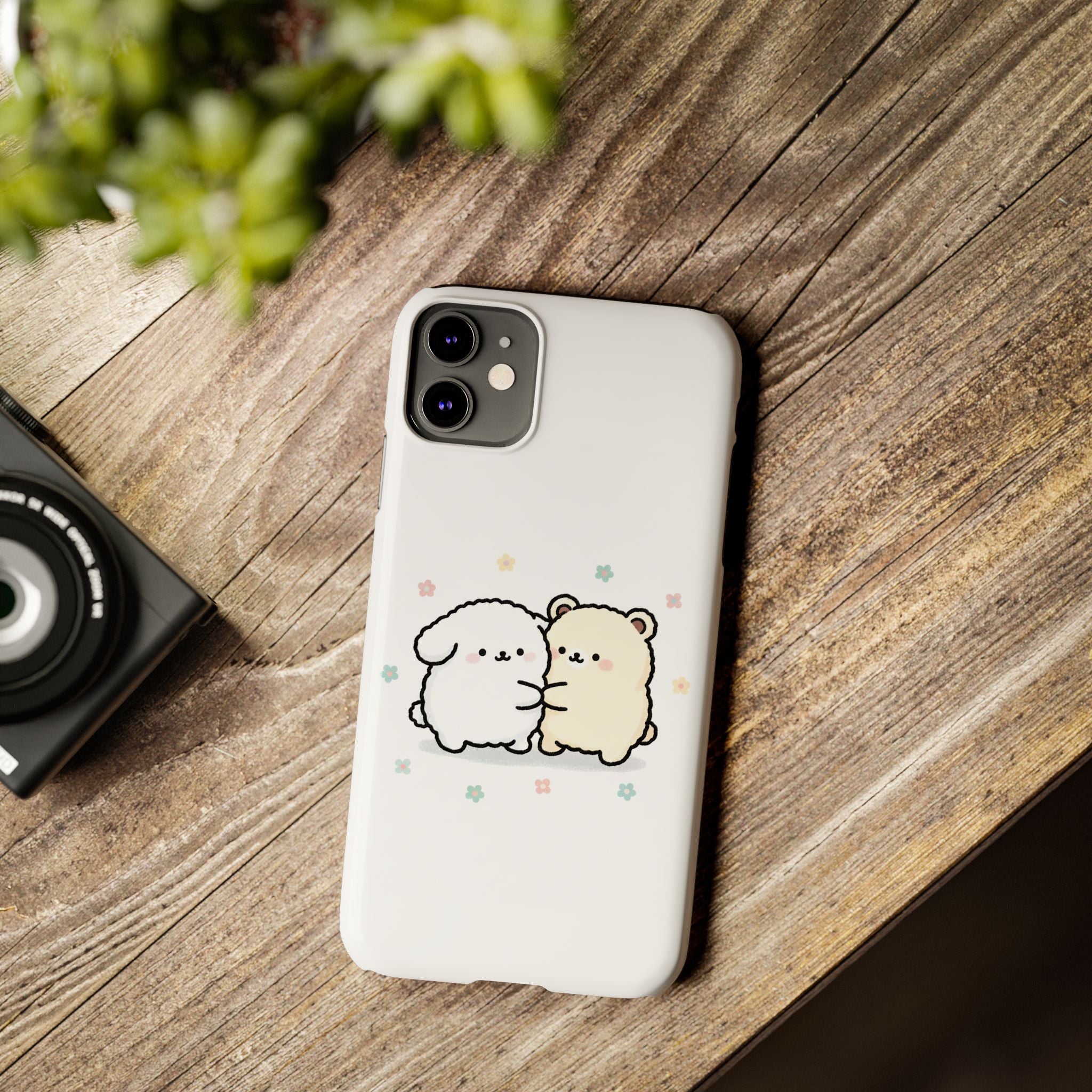 Kawaii Puppy & Bear Hug Slim Phone Case — Pastel Floral Cute Cozy Design