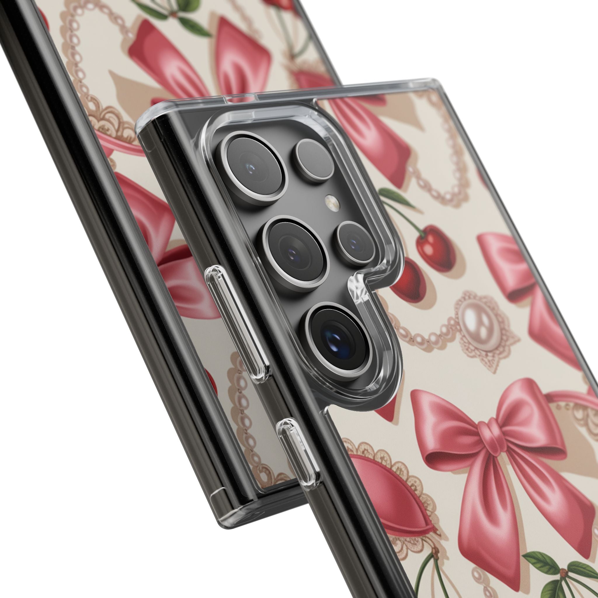 Phone Cases - Coquette Aesthetic Pattern with Pink Satin Bows, Pearls, and Cherries
