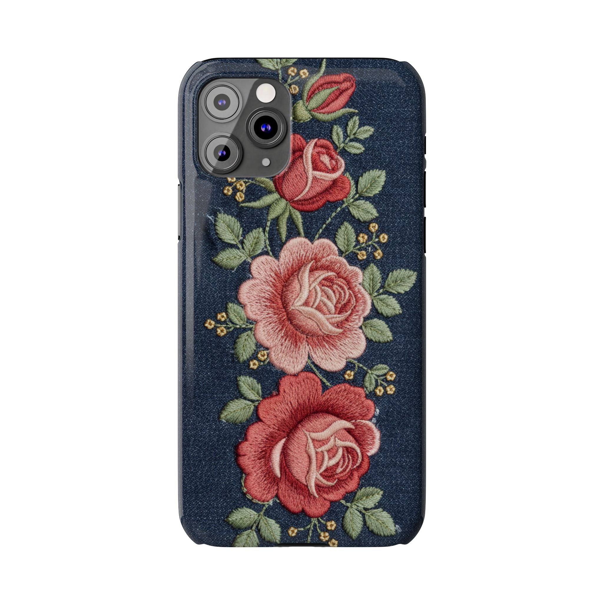 Denim Floral Embroidered Slim Phone Case — Stitched Roses & Vines
