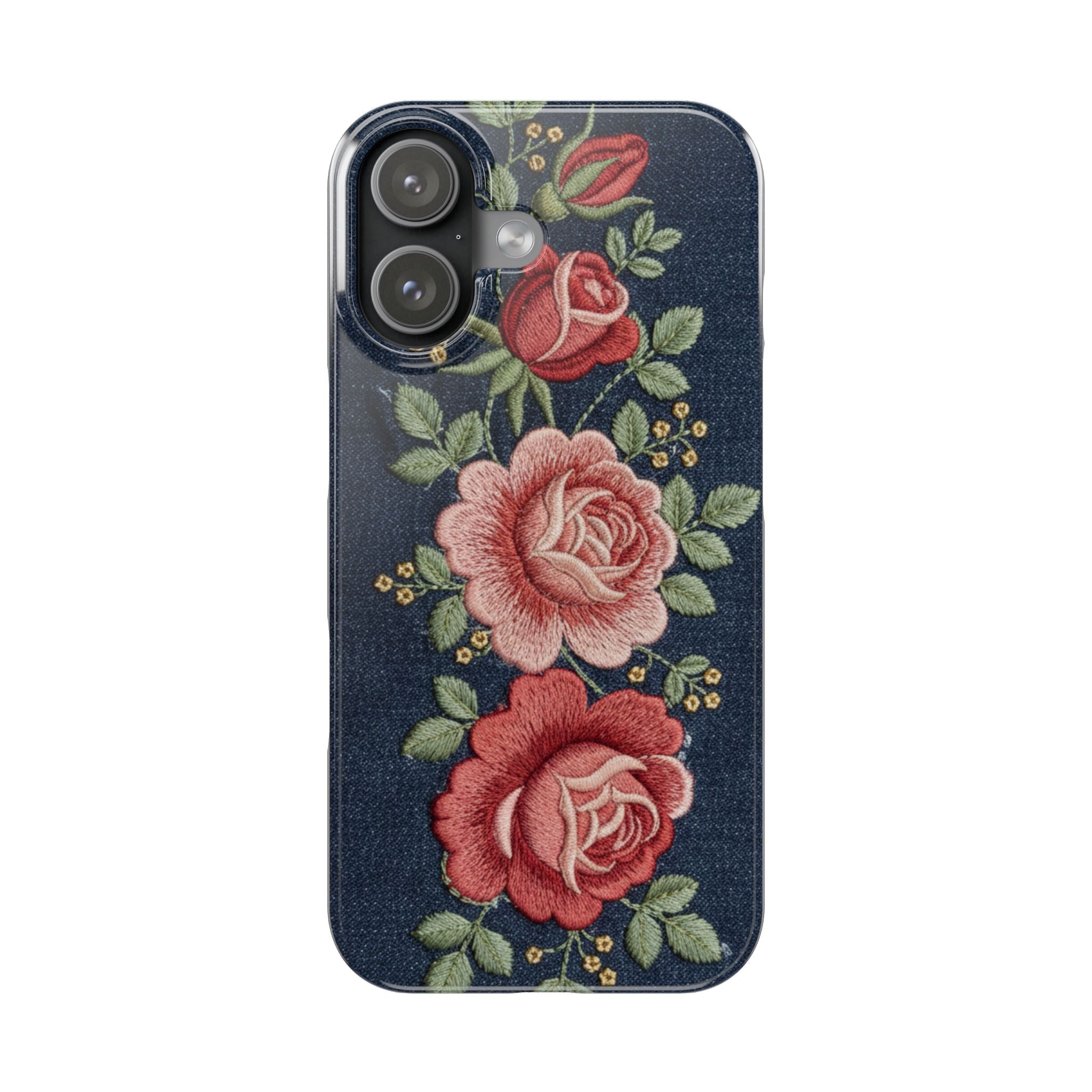 Denim Floral Embroidered Slim Phone Case — Stitched Roses & Vines