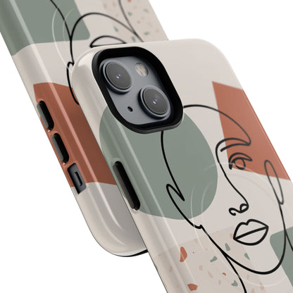 Phone Case - Minimalist Abstract Art Face Design - Sage Green and Terracotta Colors