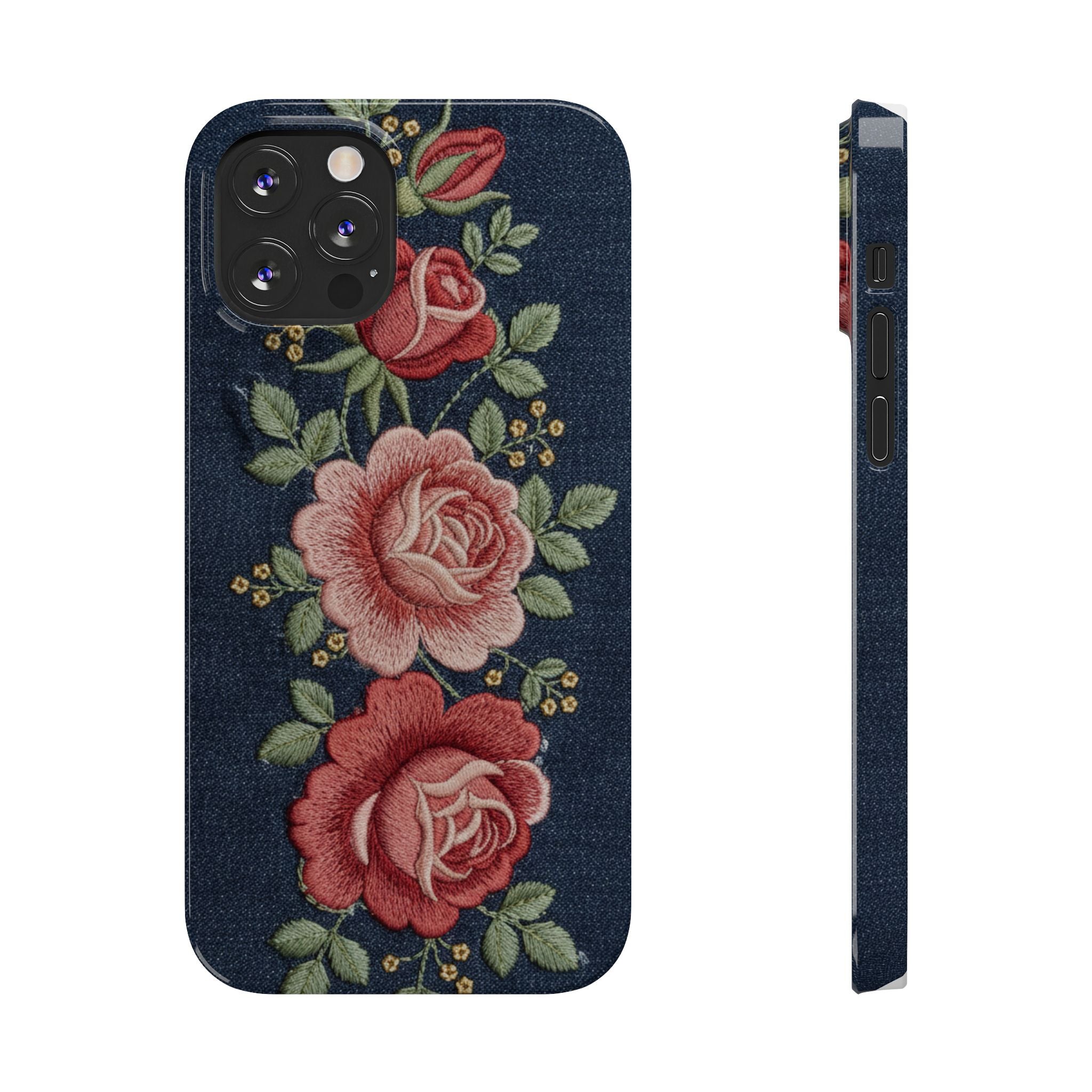 Denim Floral Embroidered Slim Phone Case — Stitched Roses & Vines