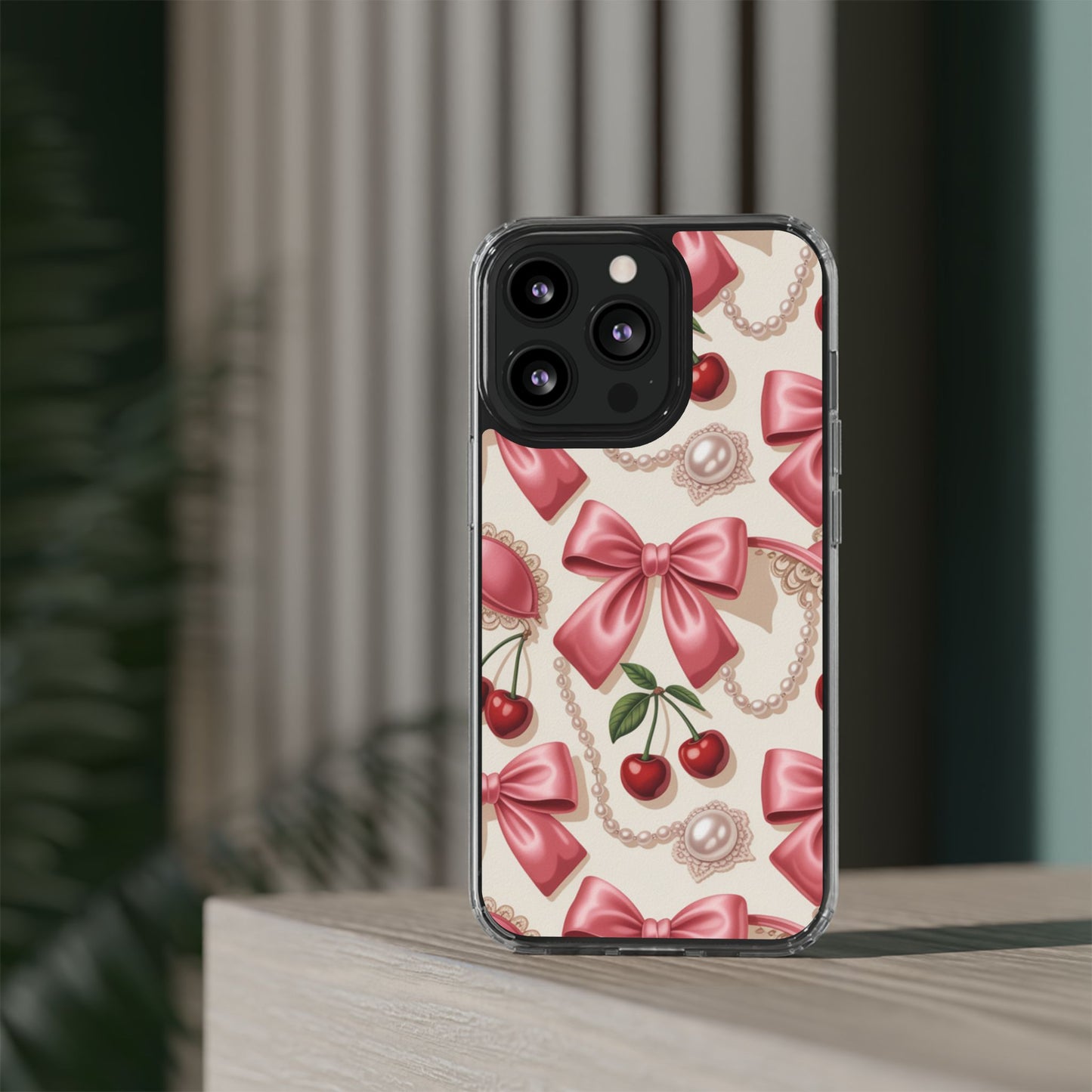 Phone Cases - Coquette Aesthetic Pattern with Pink Satin Bows, Pearls, and Cherries