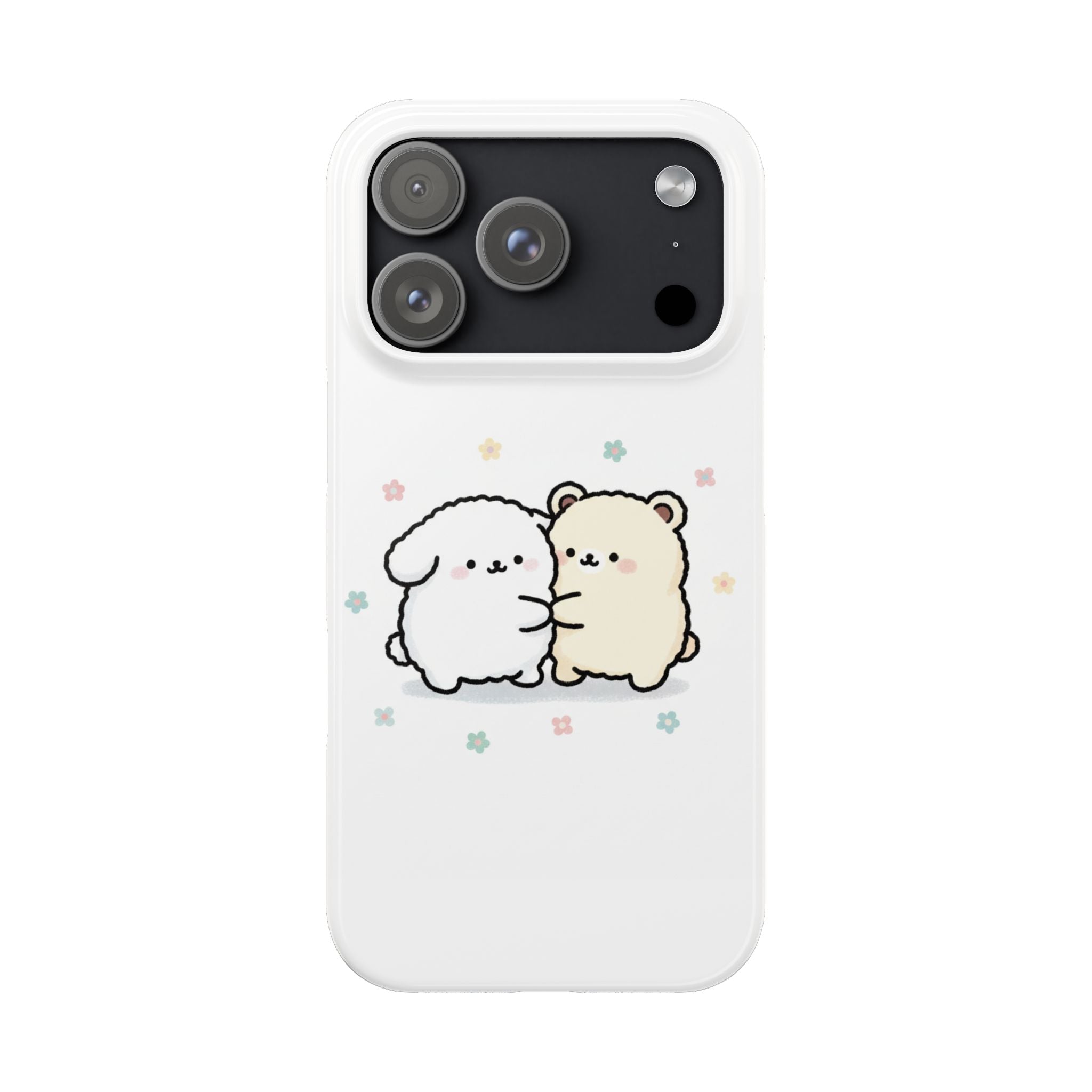 Kawaii Puppy & Bear Hug Slim Phone Case — Pastel Floral Cute Cozy Design