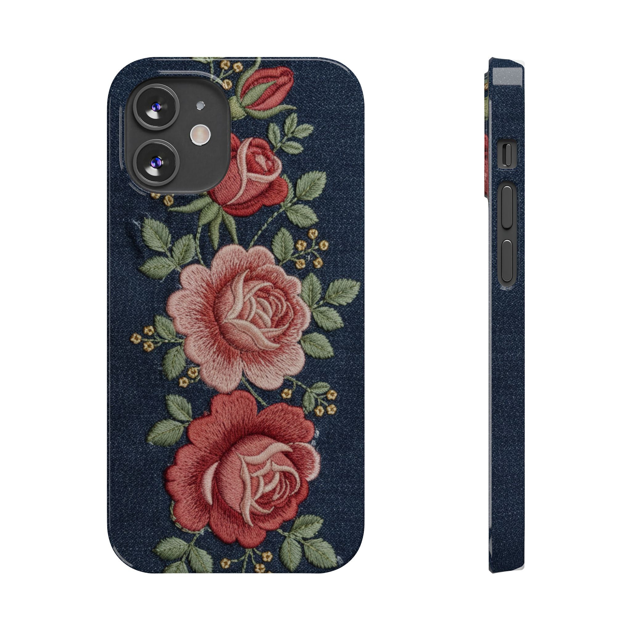 Denim Floral Embroidered Slim Phone Case — Stitched Roses & Vines