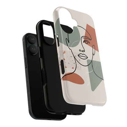 Phone Case - Minimalist Abstract Art Face Design - Sage Green and Terracotta Colors
