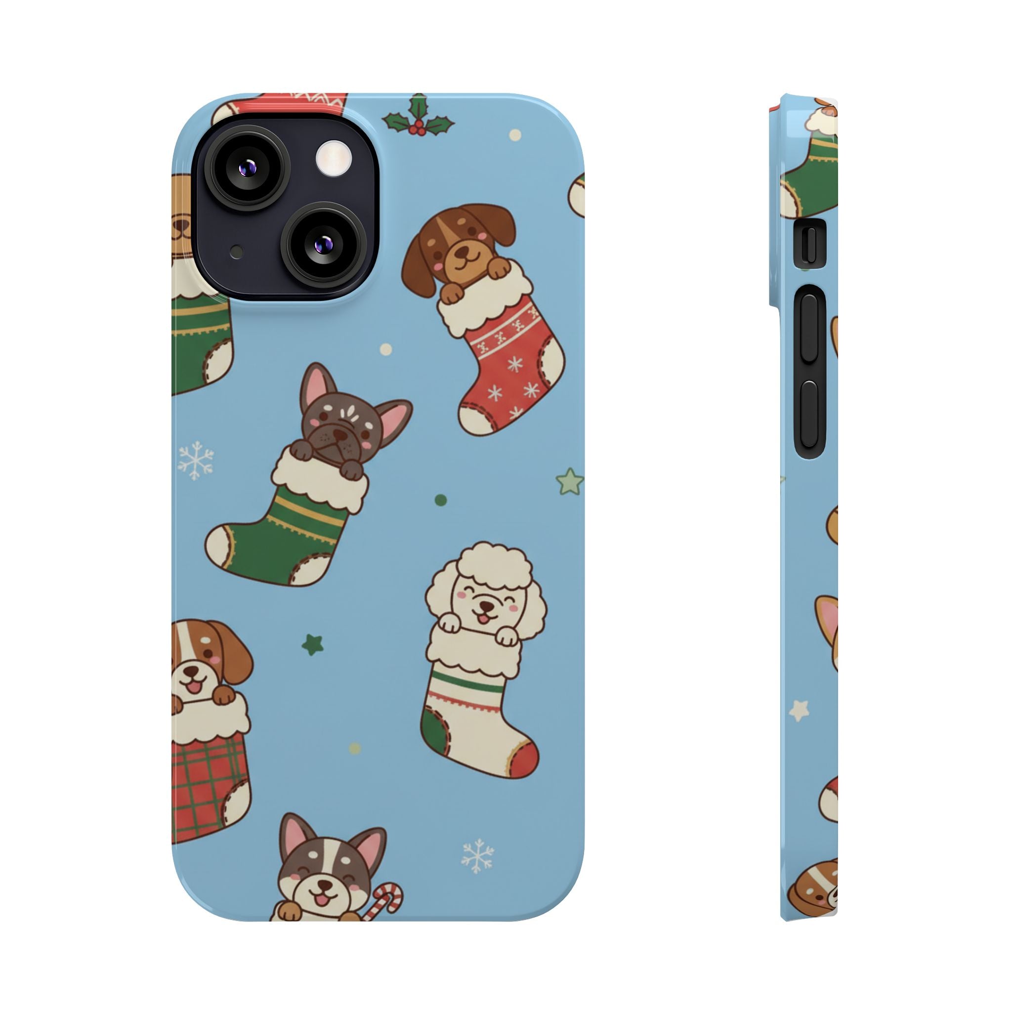 Dog Breeds Christmas Stocking Phone Case — Cute Puppy Pattern on Light Blue