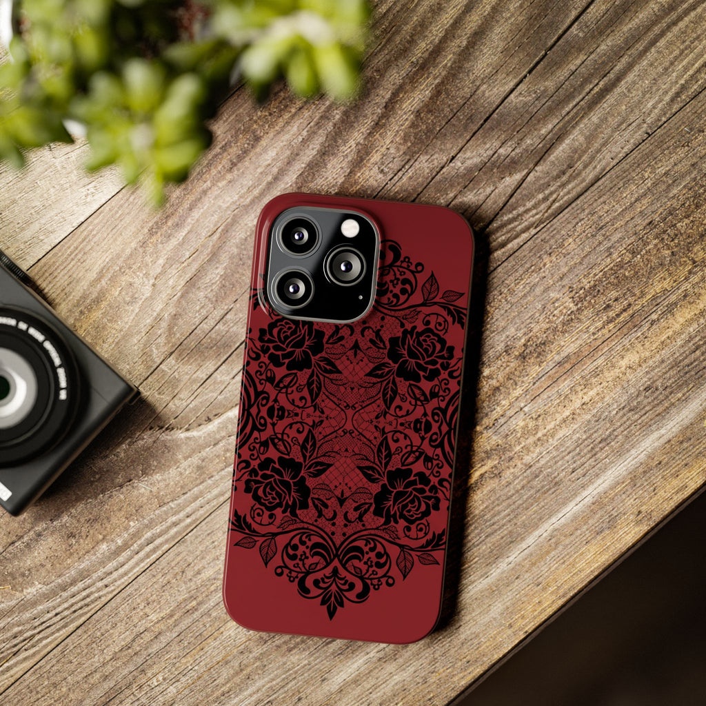 Gothic Lace Phone Case — Intricate Black Lace Over Deep Blood Red