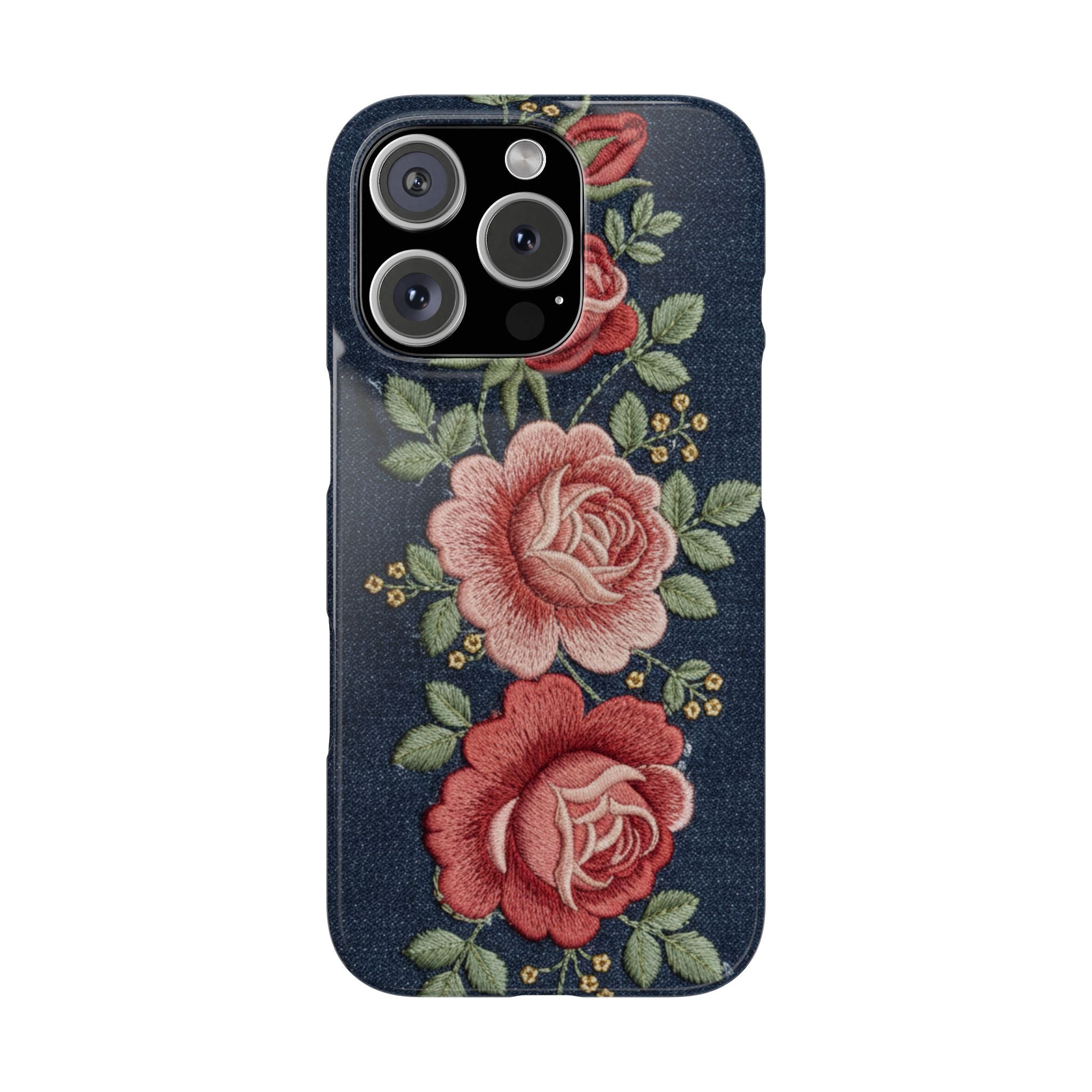 Denim Floral Embroidered Slim Phone Case — Stitched Roses & Vines