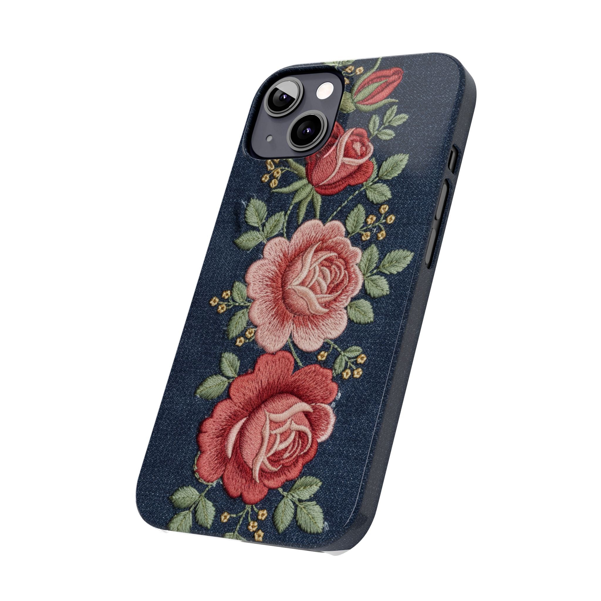 Denim Floral Embroidered Slim Phone Case — Stitched Roses & Vines