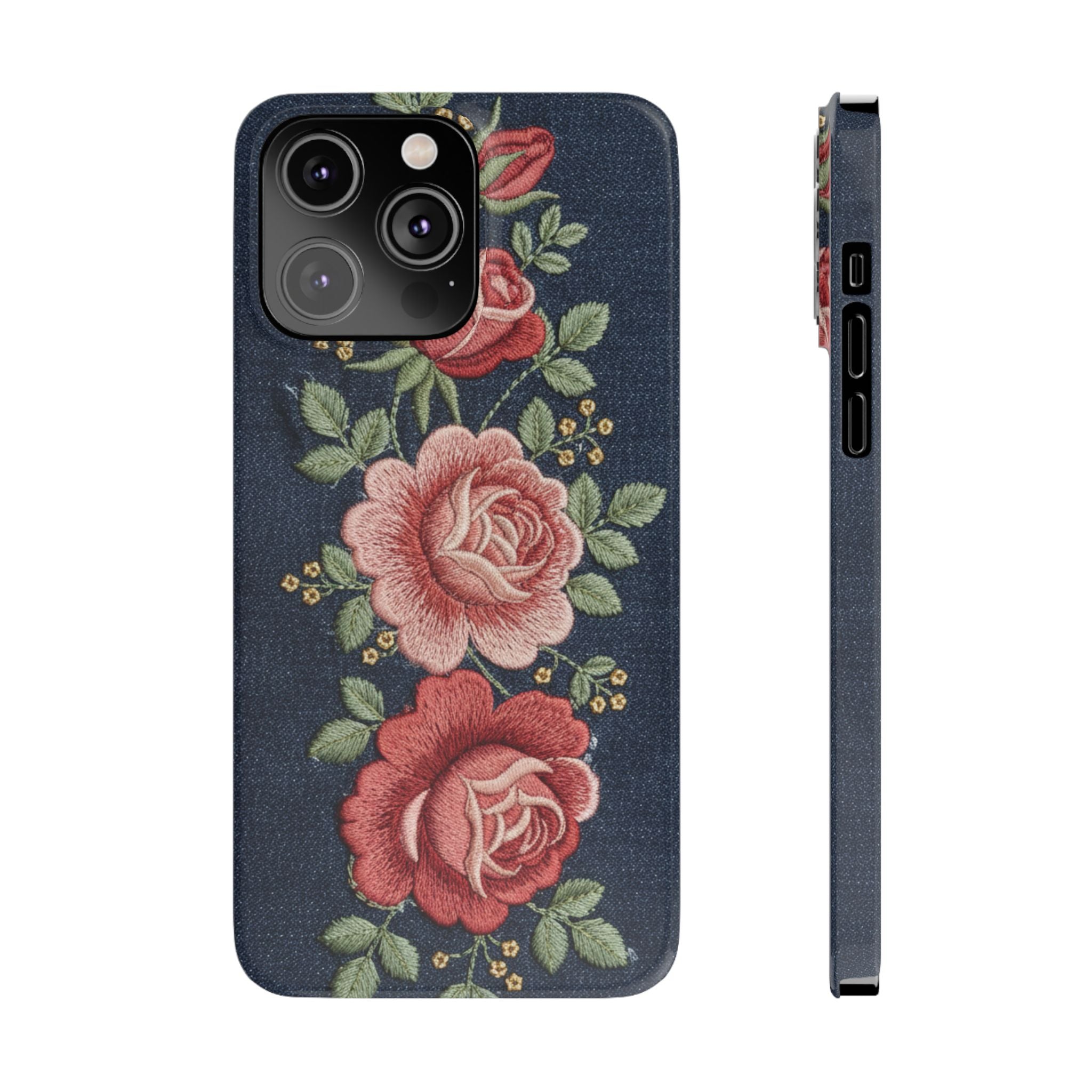 Denim Floral Embroidered Slim Phone Case — Stitched Roses & Vines