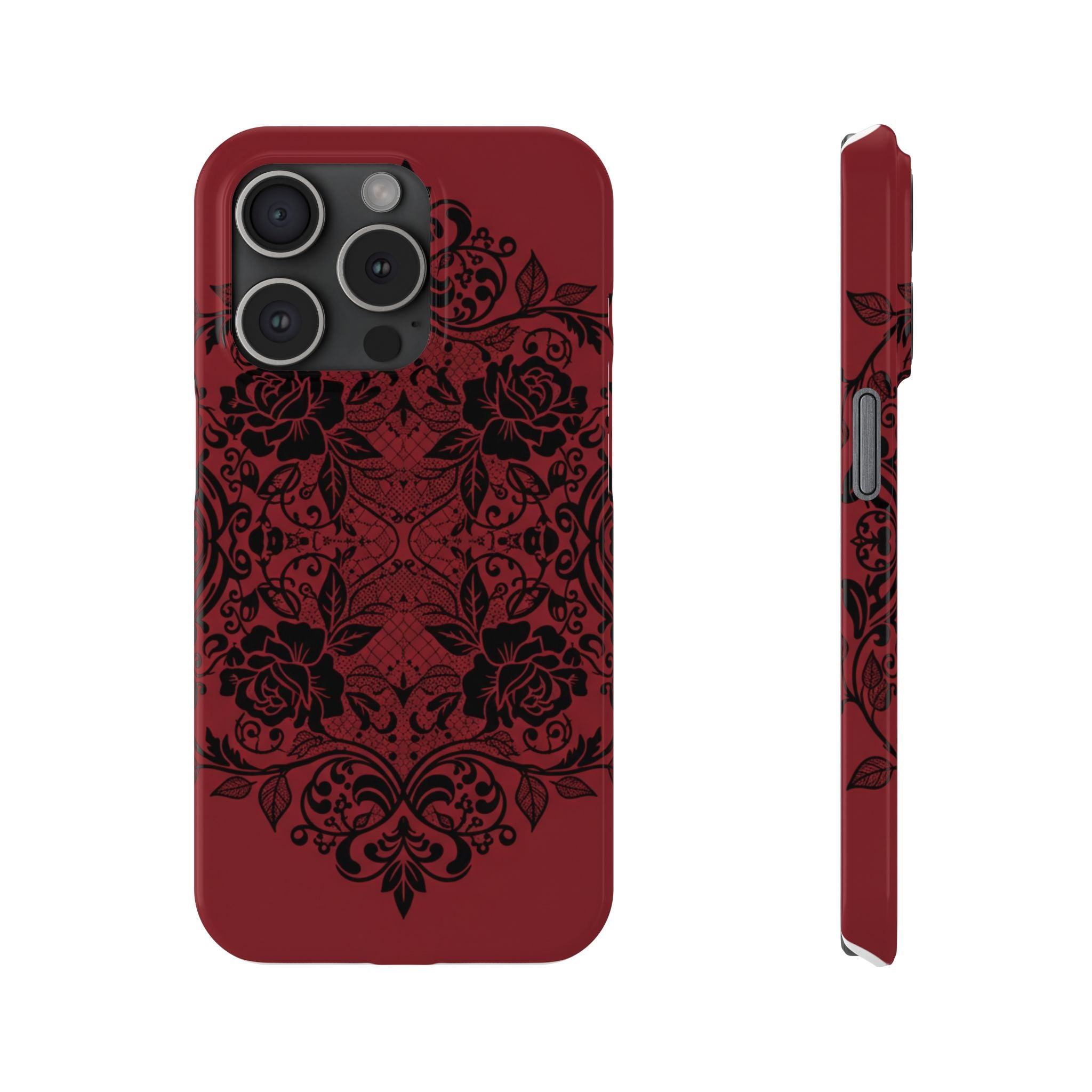 Gothic Lace Phone Case — Intricate Black Lace Over Deep Blood Red
