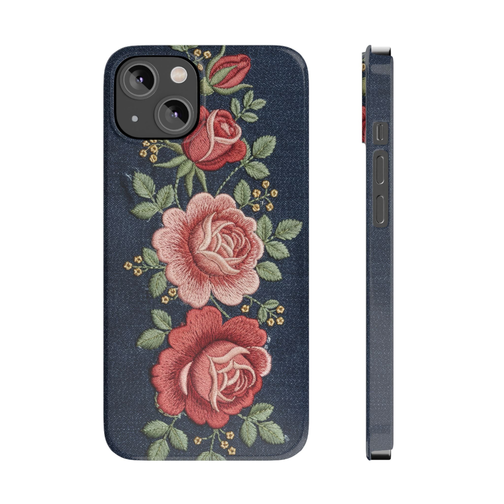Denim Floral Embroidered Slim Phone Case — Stitched Roses & Vines
