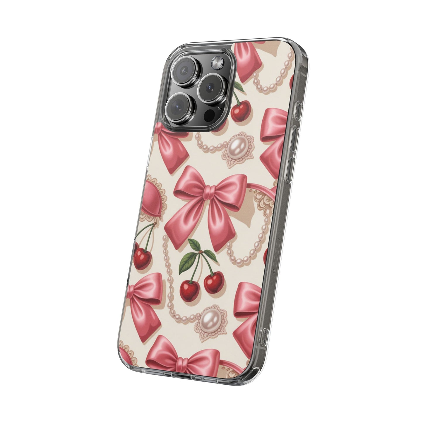 Phone Cases - Coquette Aesthetic Pattern with Pink Satin Bows, Pearls, and Cherries