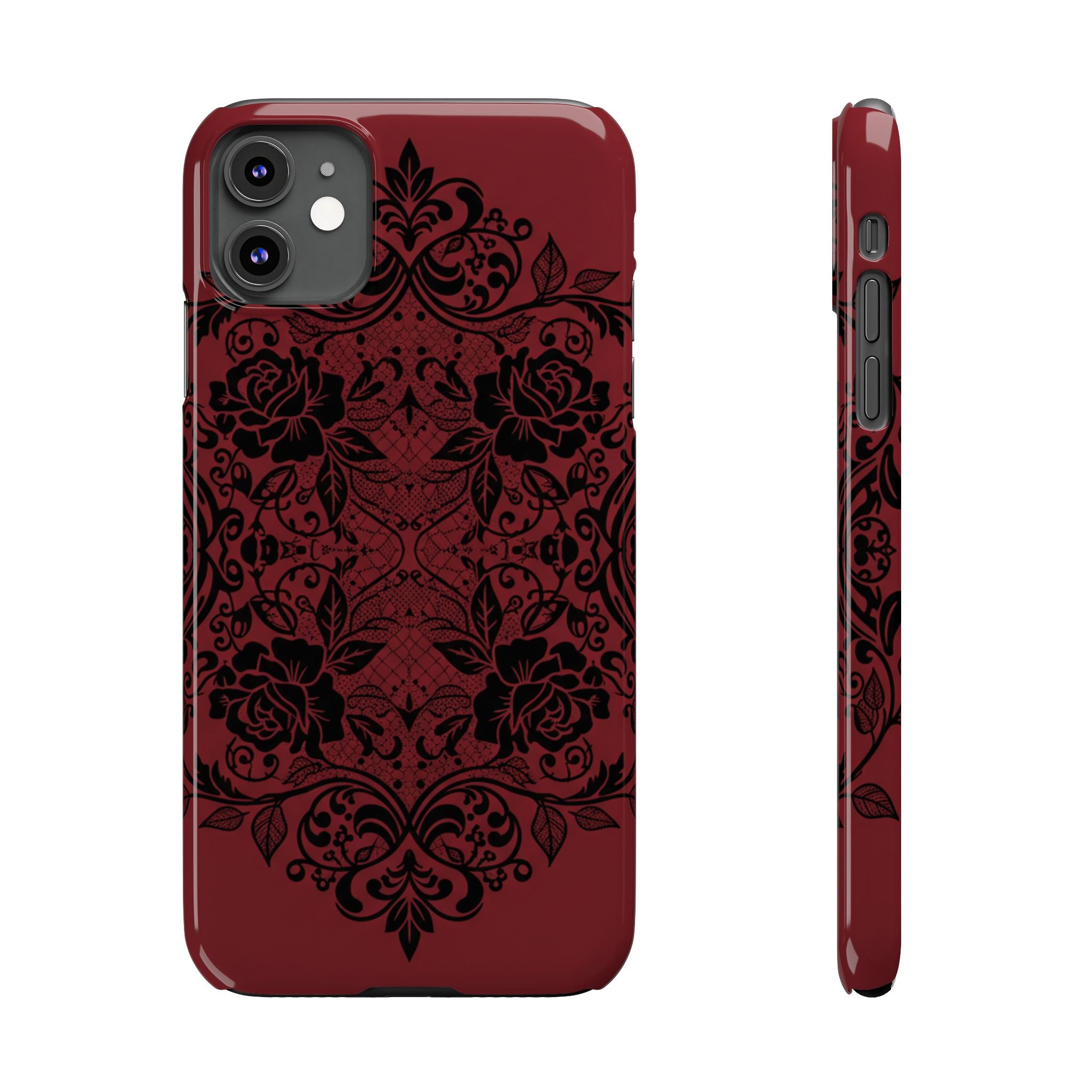 Gothic Lace Phone Case — Intricate Black Lace Over Deep Blood Red
