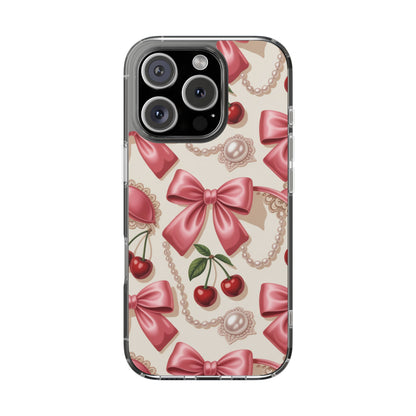 Phone Cases - Coquette Aesthetic Pattern with Pink Satin Bows, Pearls, and Cherries