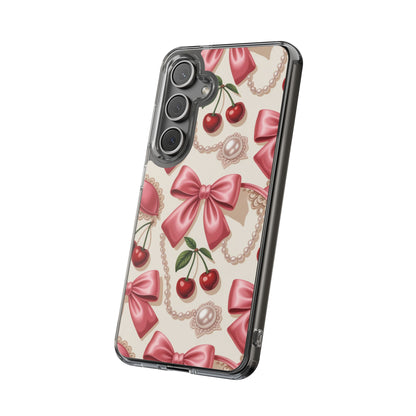 Phone Cases - Coquette Aesthetic Pattern with Pink Satin Bows, Pearls, and Cherries