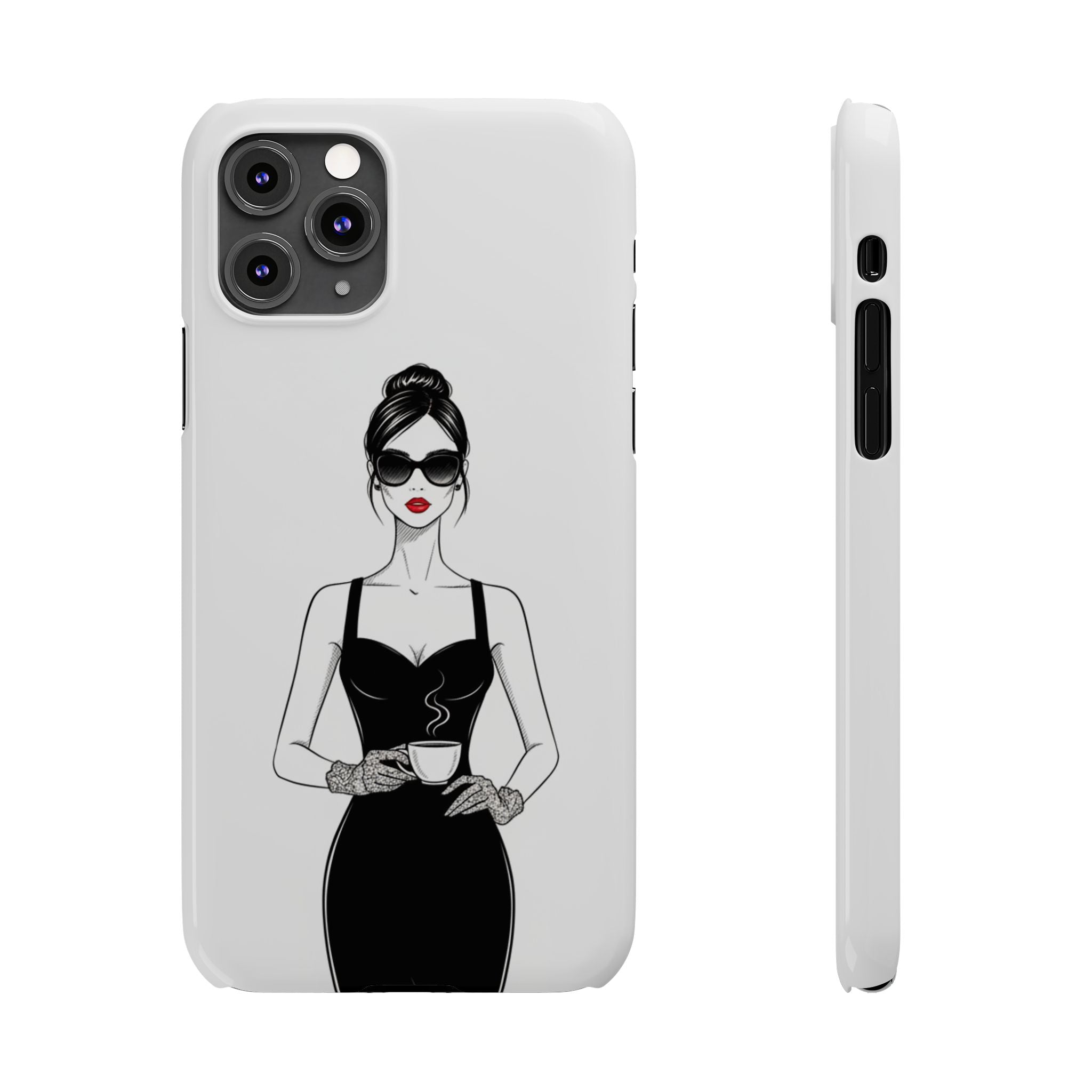 Chic High-Fashion Slim Phone Case — Black Dress Illustration with Red Lip Accent