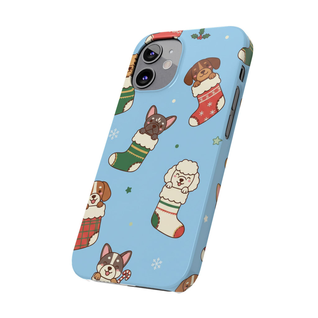Dog Breeds Christmas Stocking Phone Case — Cute Puppy Pattern on Light Blue