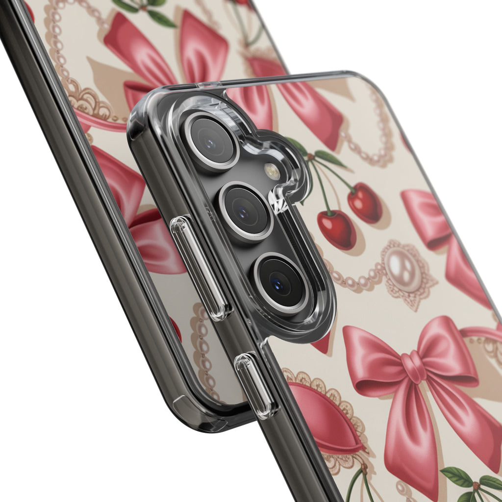 Phone Cases - Coquette Aesthetic Pattern with Pink Satin Bows, Pearls, and Cherries