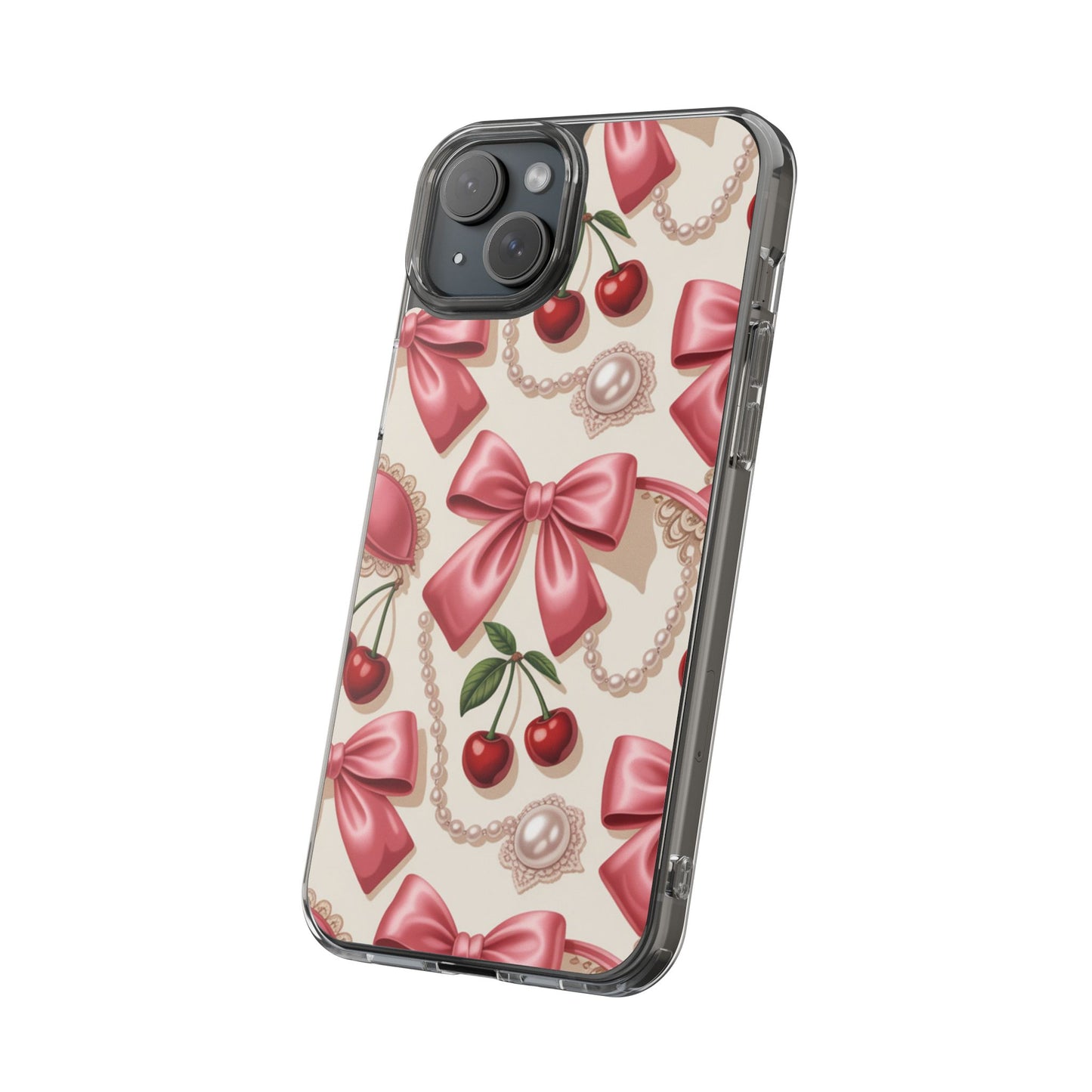 Phone Cases - Coquette Aesthetic Pattern with Pink Satin Bows, Pearls, and Cherries