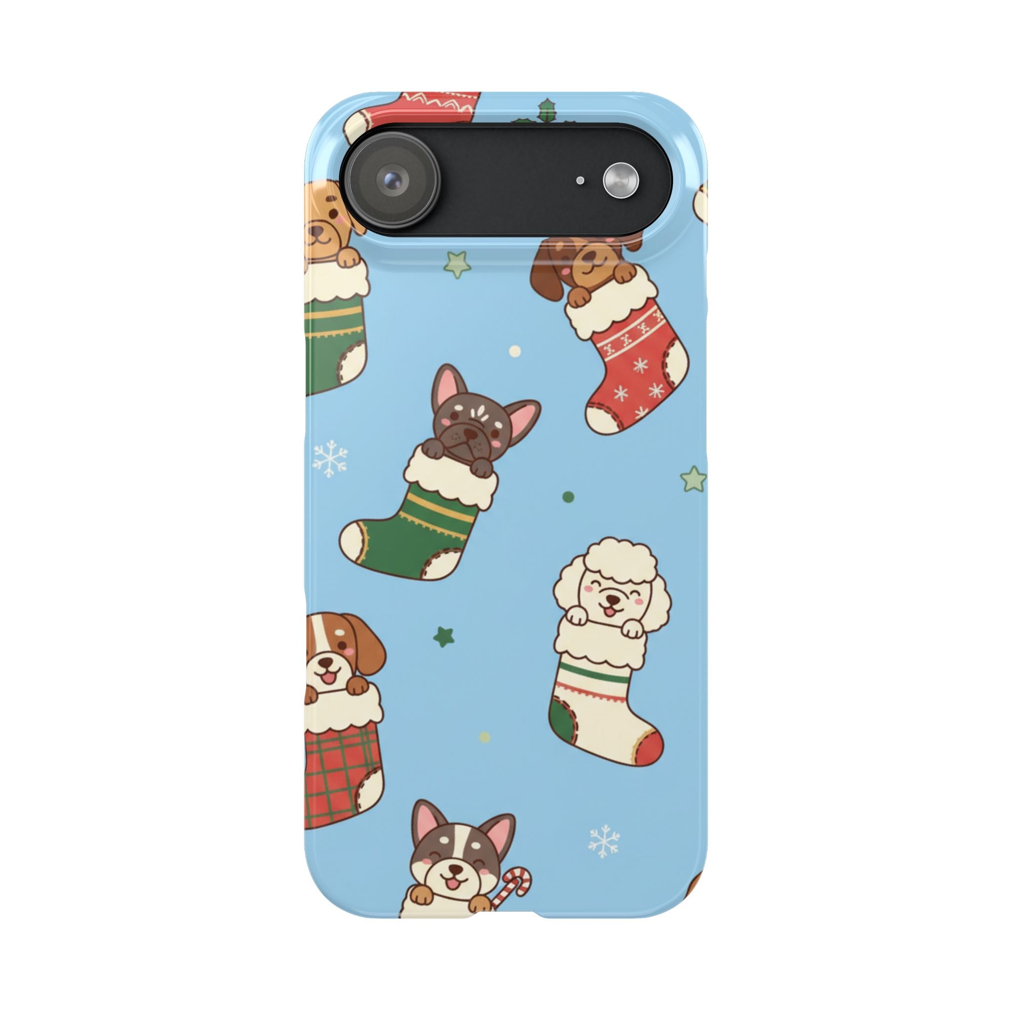 Dog Breeds Christmas Stocking Phone Case — Cute Puppy Pattern on Light Blue