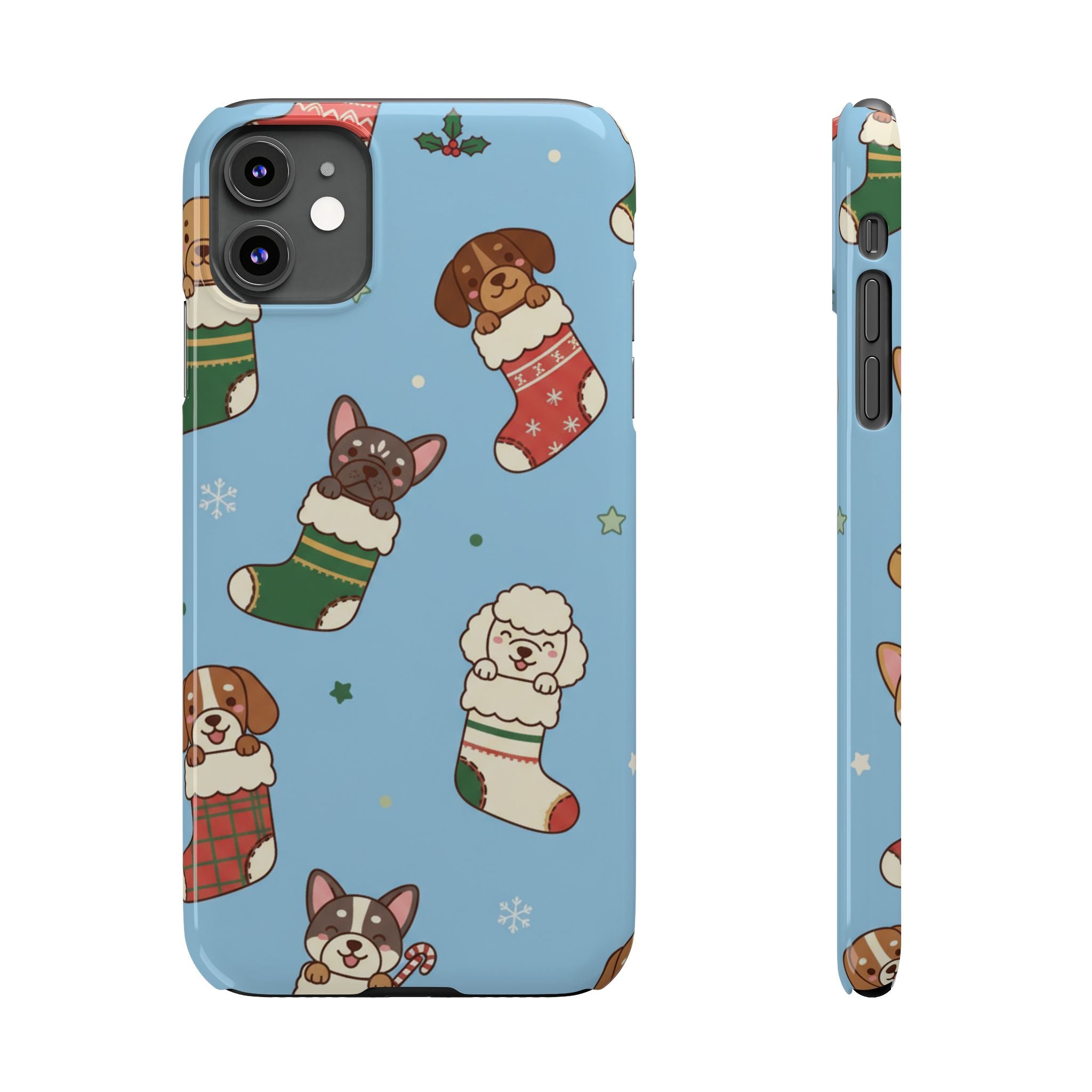 Dog Breeds Christmas Stocking Phone Case — Cute Puppy Pattern on Light Blue