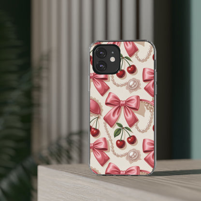 Phone Cases - Coquette Aesthetic Pattern with Pink Satin Bows, Pearls, and Cherries