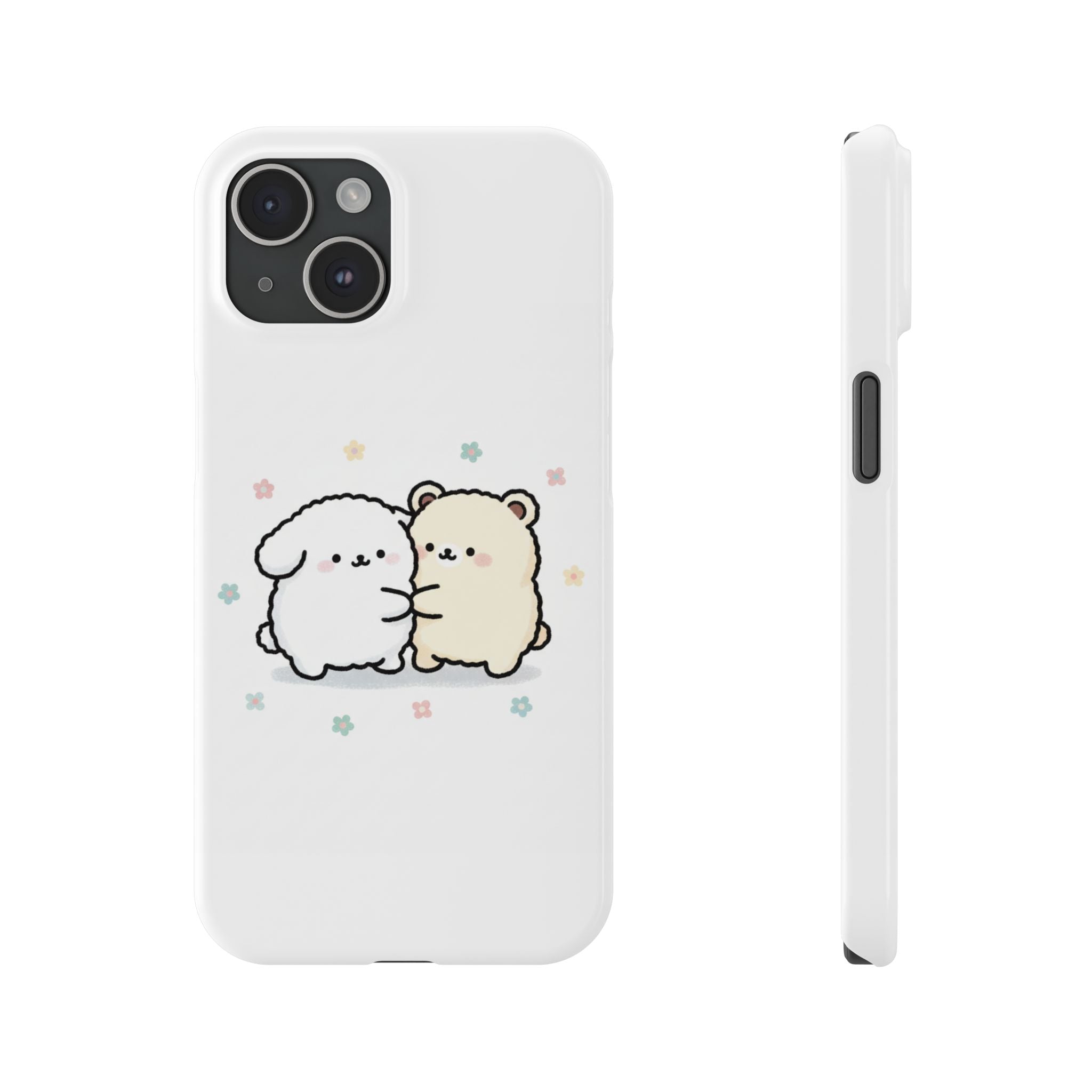 Kawaii Puppy & Bear Hug Slim Phone Case — Pastel Floral Cute Cozy Design