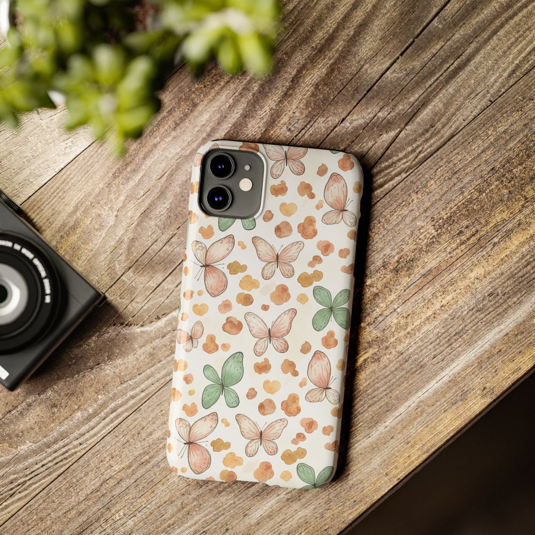 Cottagecore Butterfly & Deer Spots Slim Phone Case — Pastel Watercolor Storybook Pattern